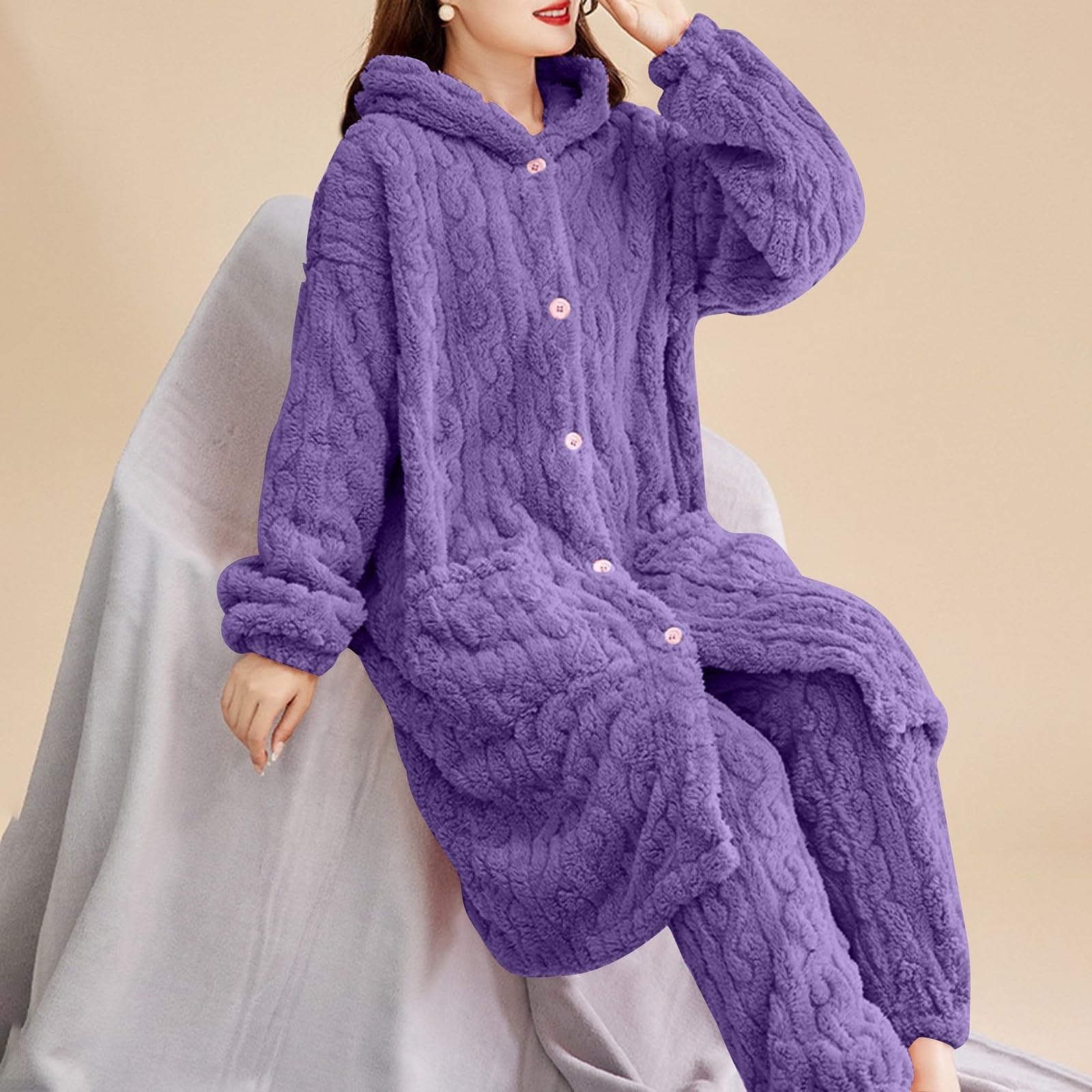 Conjunto de pijama largo y pantalón para mujer, conjunto de pijama de invierno para mujer, forro polar coral, bata con botones y pantalones con puños, conjunto de ropa de dormir de 2 piezas, ropa de