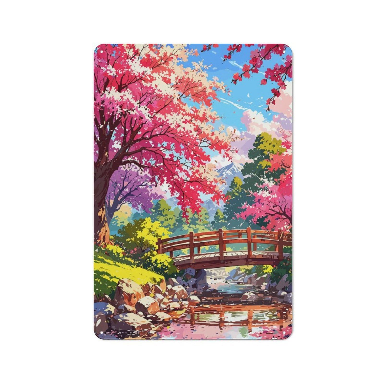 Junmoney Cherry Blossom Bridge Landscape Vintage Tin Sign 30X20cm Featuring For Café Or Home Bar, A Metal Wall Feature For Cafés And Home Bars