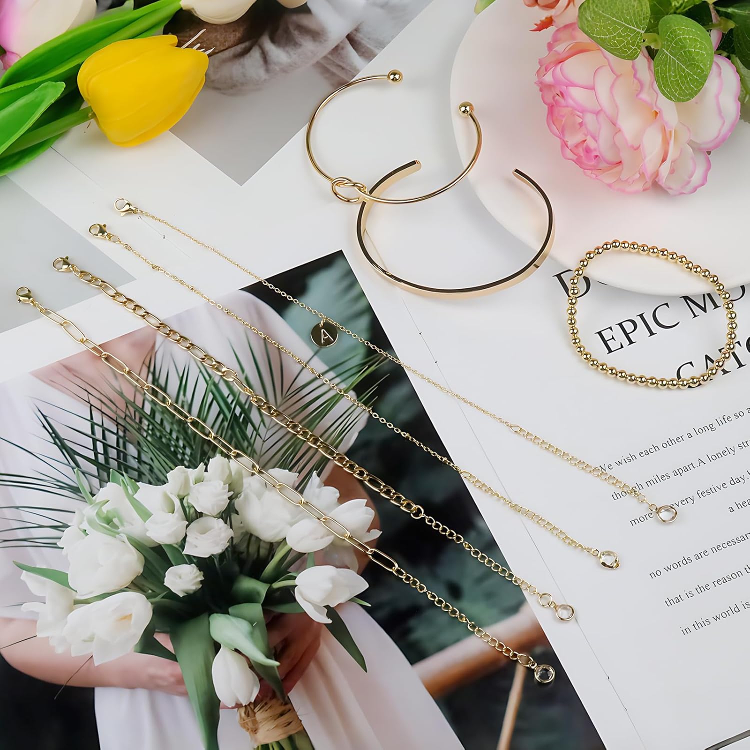 Gold Initial Bracelet for Women,14K Gold Plated Jewelry Set,Fashion Thin Delicate Stackable Cuban Chain Paperclip Chain Bracelet Set,Fashion Accessories,Gifts for Women - Image 6