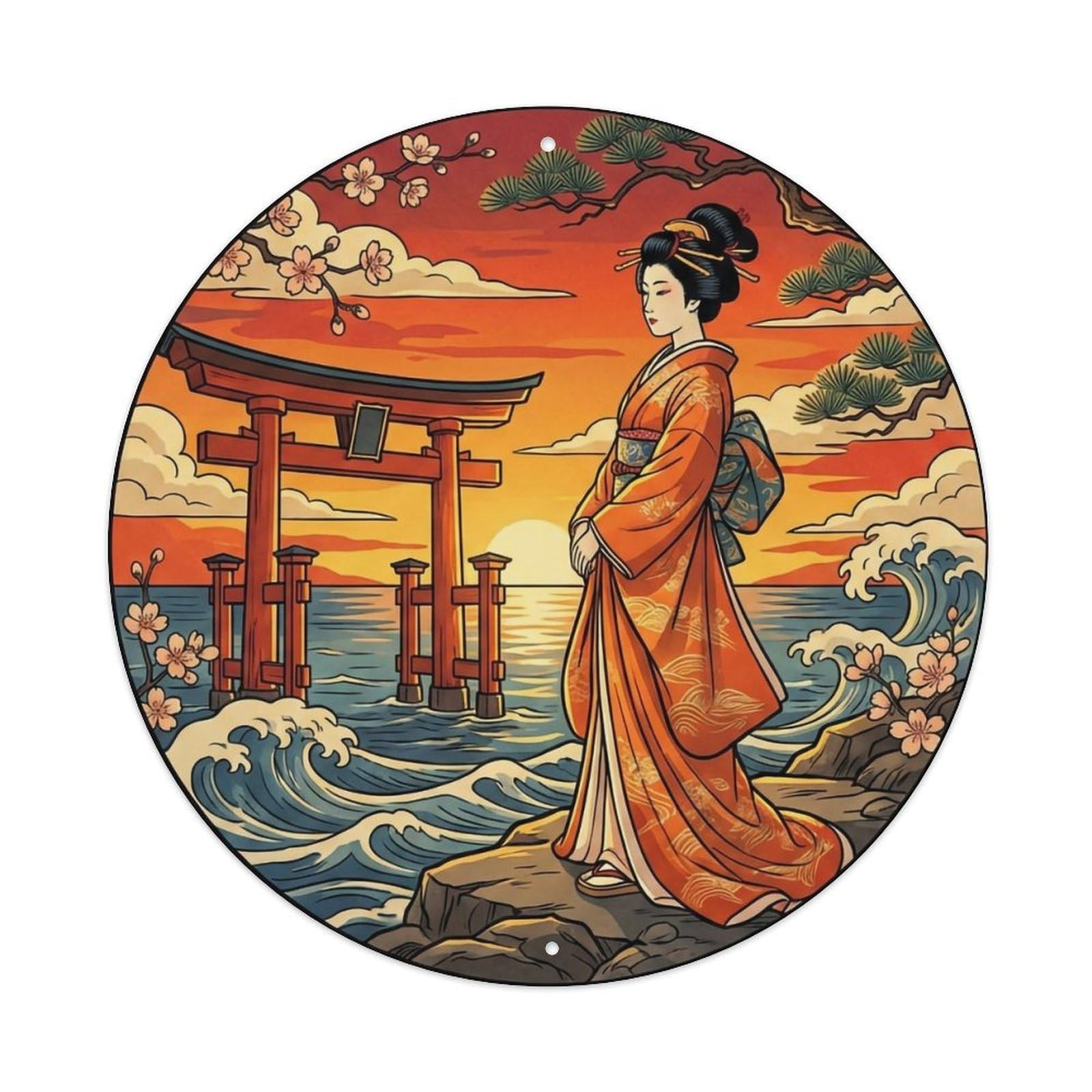 Japanese Elegant Lady Torii Seaside Sunset Scenic View Metal Tin Sign