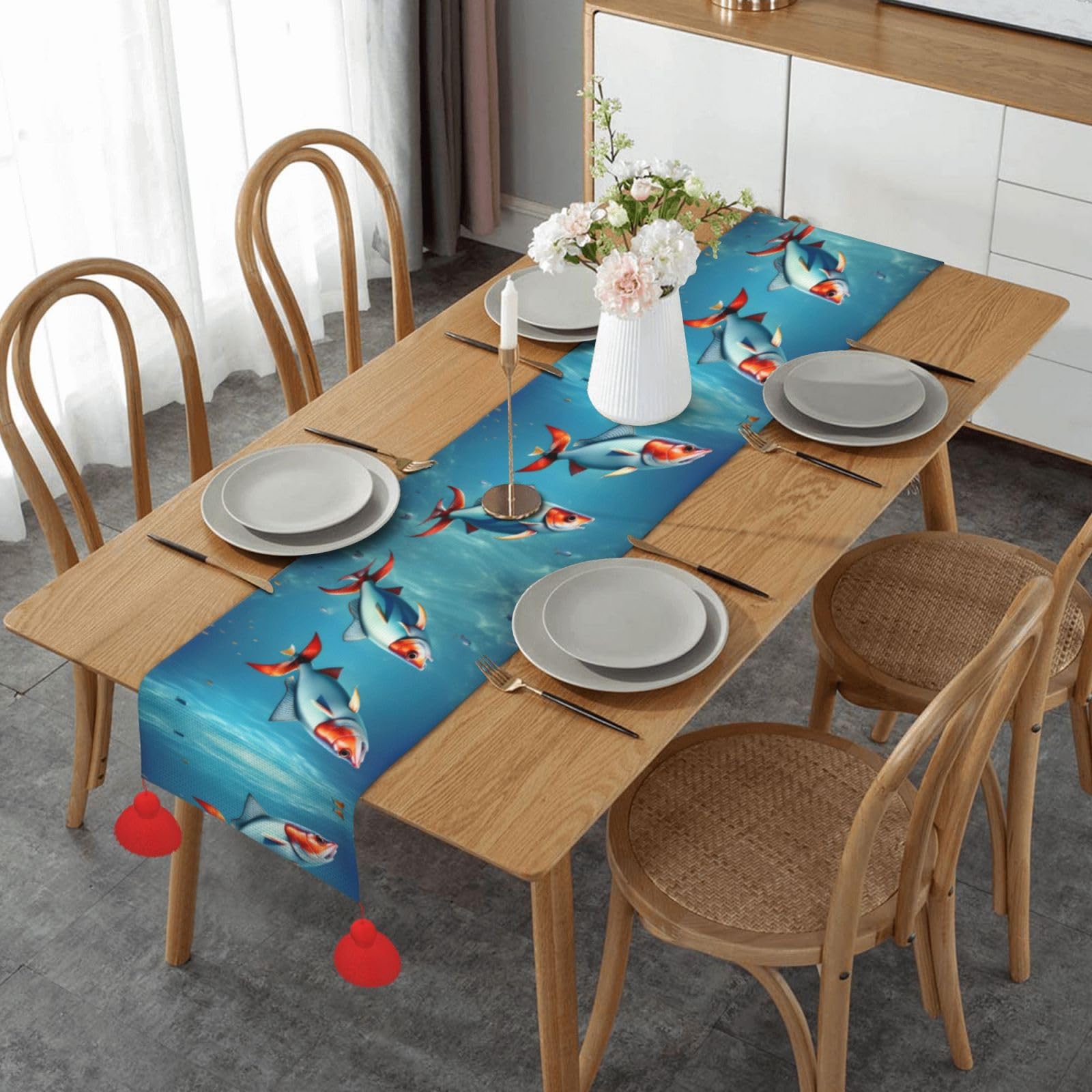 Chemin de table de salle à manger long tissu décoratif cuisine motif poisson volant