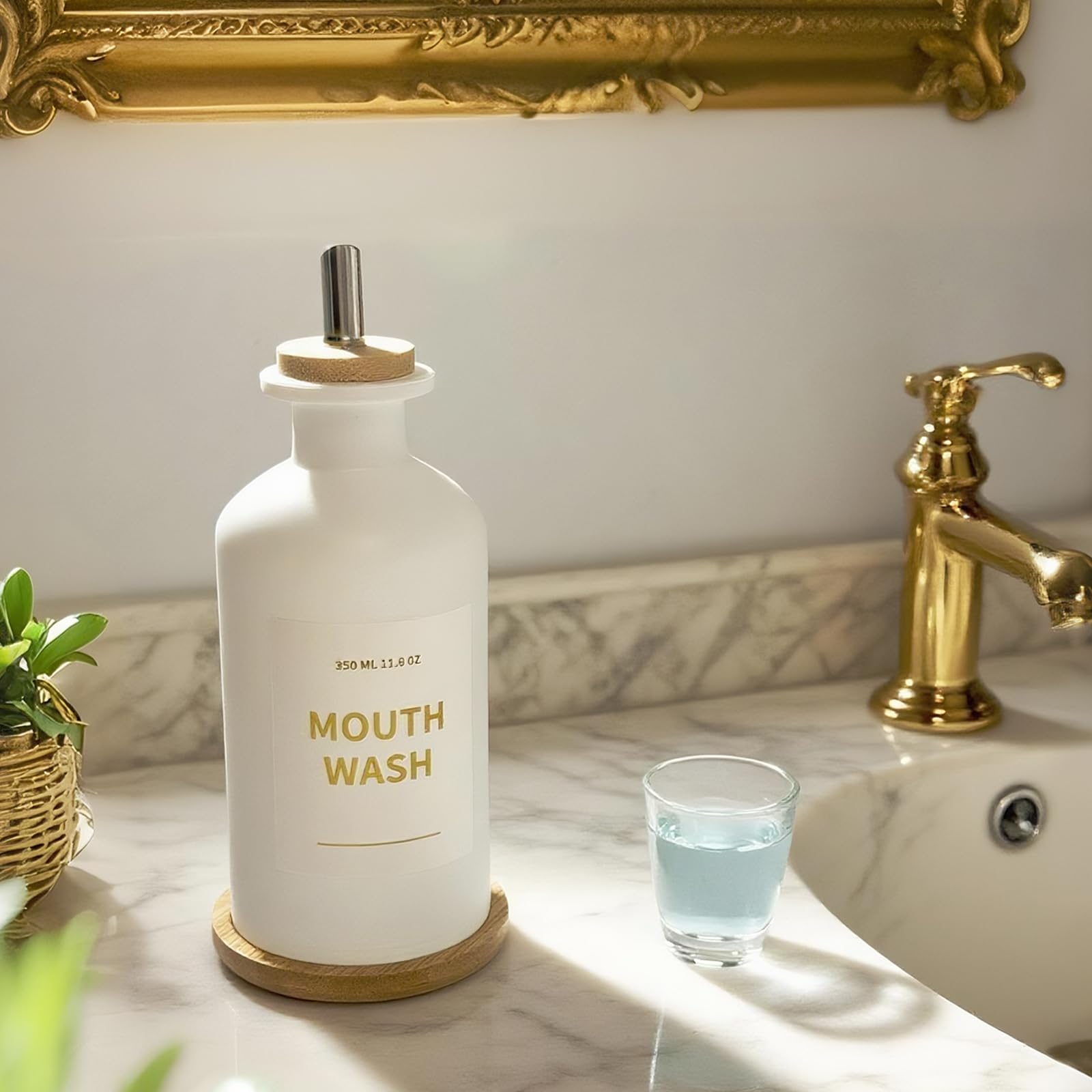Hniuyun 11.8 oz Glass Mouthwash Dispenser for Bathroom with Bamboo Tray & Steel Nozzle - Reusable Cup, Gold Accents, Countertop Decor - Image 3