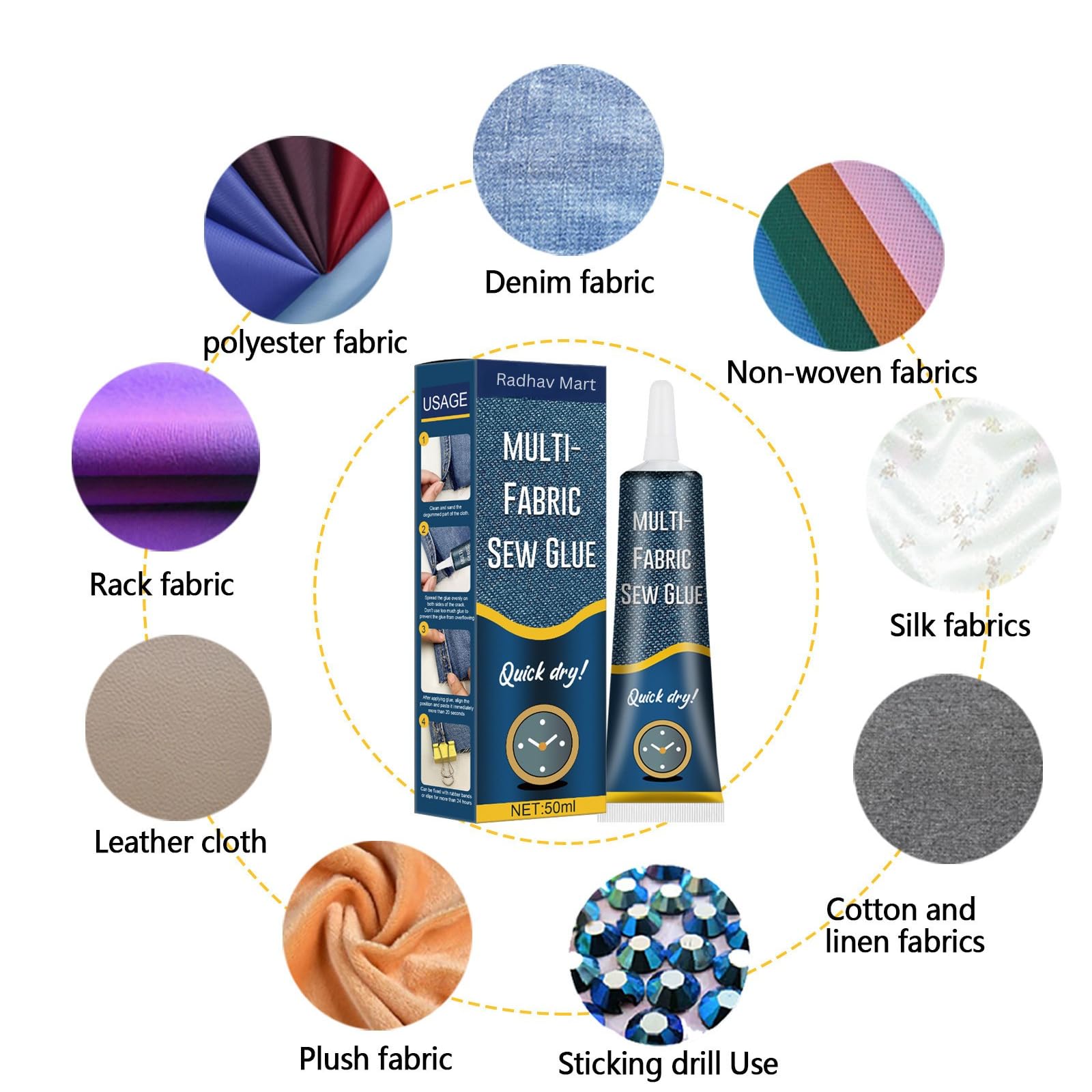 Radhav Mart Fabric Glue Strong Adhesive, Clear Drying & Waterproof, No Sew Glue for Clothes Repair, Washable Permanent Bond, All Fabrics 50ML (Pack of 1) 2