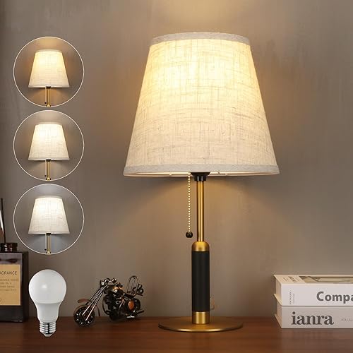Miniatura 10 de 18.9" Mid Century Bedside Table Lamp for Nightstand with Pull Chain, 3-Color Lamp for Bedroom, Living Room, Solid Wood/Metal/Fabric Small Lamps for