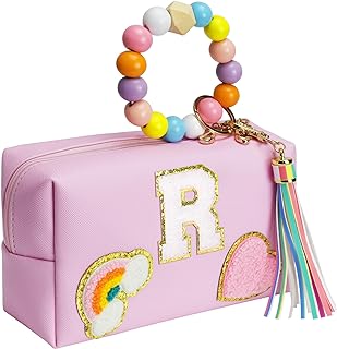 Elilier Initial Preppy Makeup Bag, Personalized Portable Smiley Face Makeup Bag with Keychain Bracelet, Cute Makeup Pouch, PU Leather Waterproof Cosmetic Bag, Toiletry Bag, Preppy Stuff Gift for Girl, R