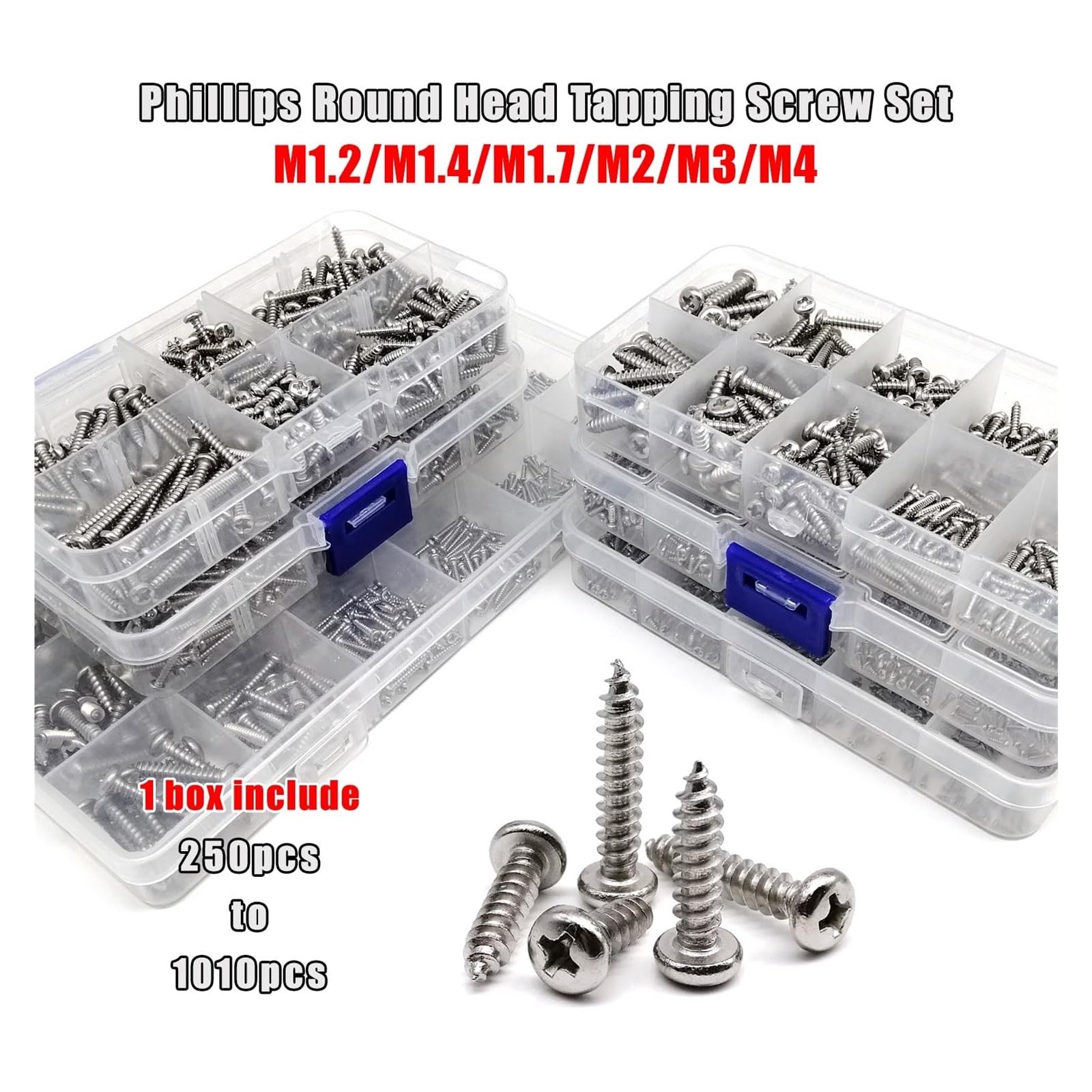 Kit D'assortiment De Vis À Bois Autotaraudeuses M1.2 M1.4 M1.7 M2 M3 M4, Tête Cylindrique Phillips En Acier Inoxydable 304 A2 Avec Boîte De Rangement(Set A 500pcs)