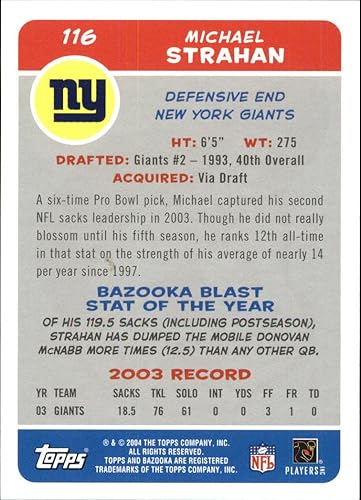 Miniatura 2 de 2004 Bazooka #116 Michael Strahan NFL Football Trading Card