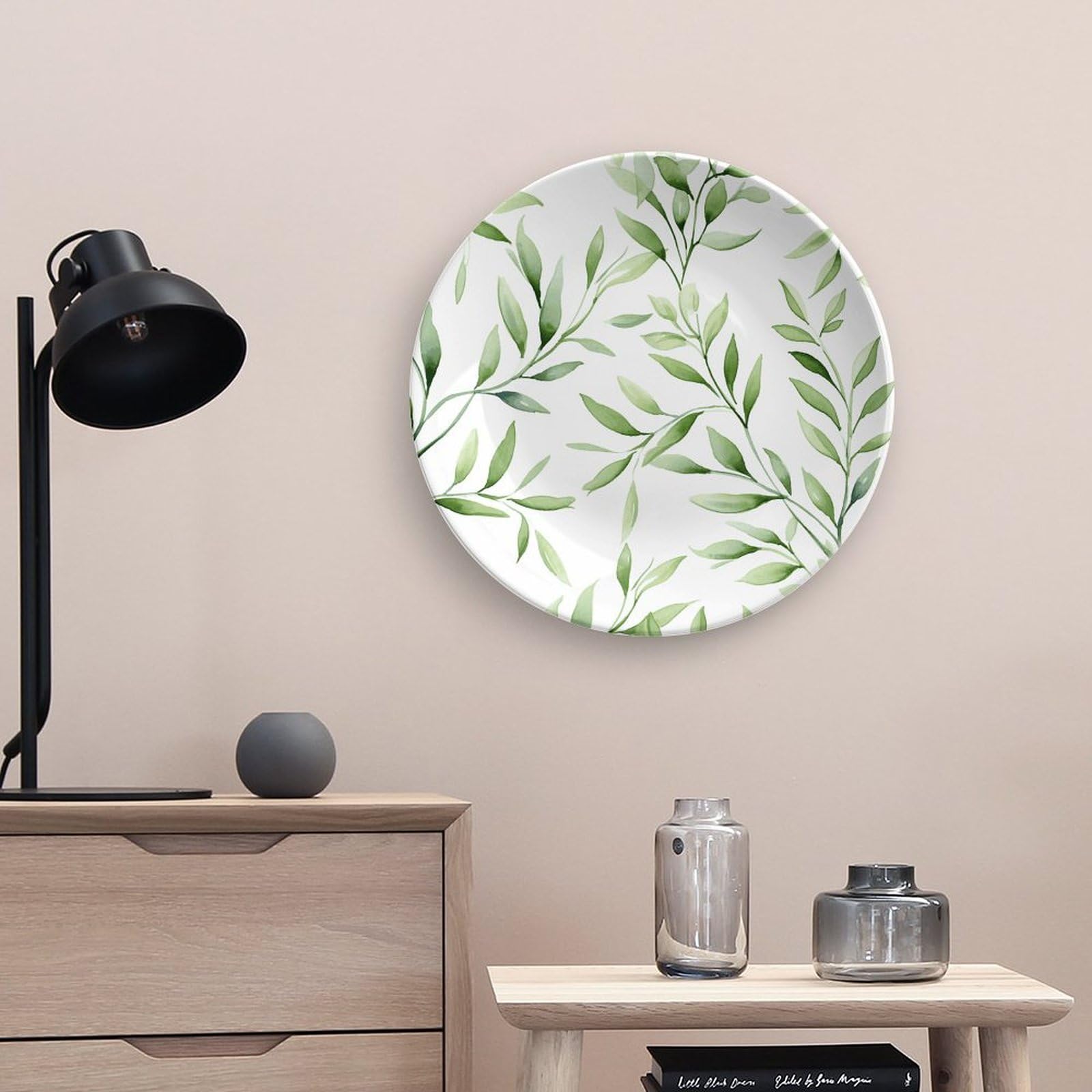 Piatti piani in ceramica con motivo stampato con foglie verdi, piatti decorativi in porcellana Bone China con espositore Ornamenti in ceramica artistica per decorazione da appendere alla parete,