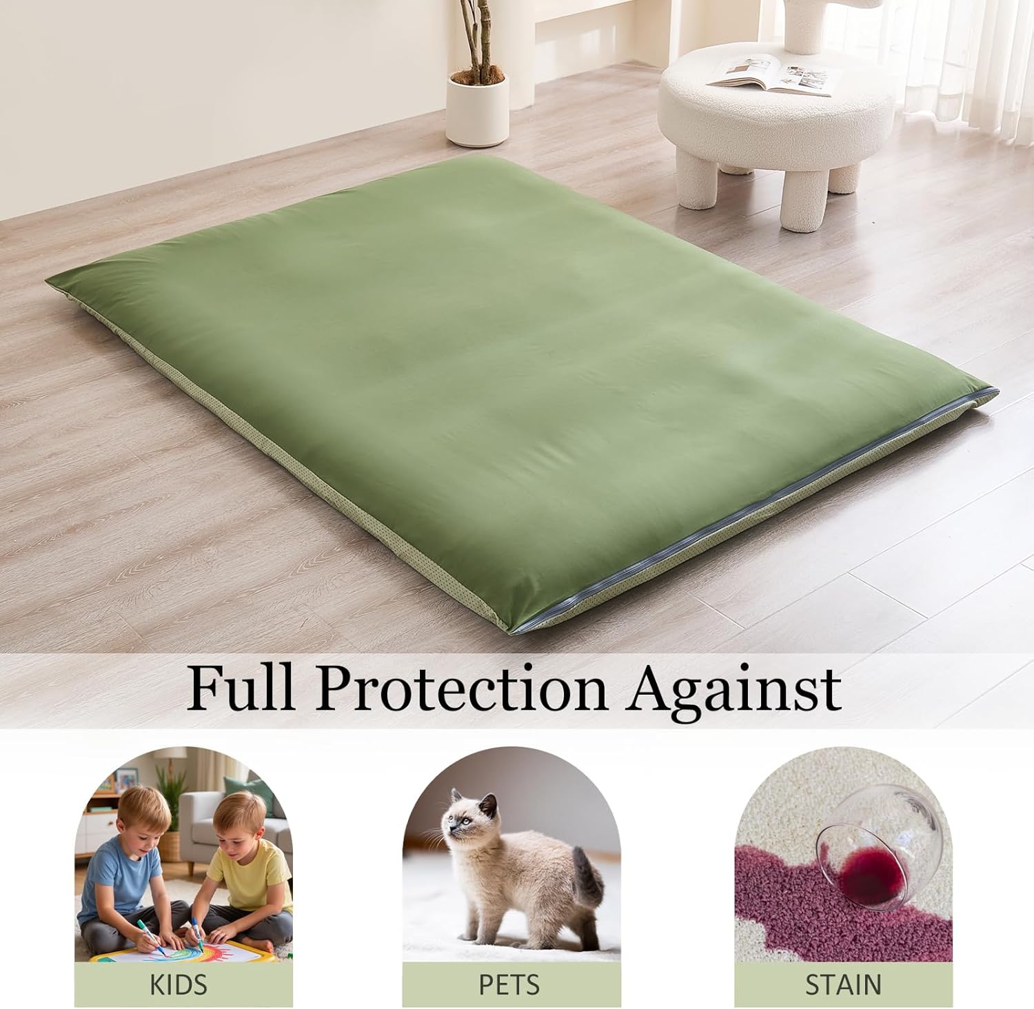 Zelladorra Anti-Slip Futon Mattress Cover Twin Size, Japanese Floor Mattress Cover with Zipper, Machine Washable (Green)