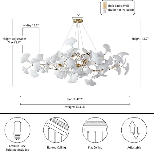 Miniatura 3 de YUYI Candelabros rectangulares de rama, lámpara de hoja de ginkgo para comedor y dormitorio, 47.2 pulgadas, lámparas modernas doradas de lujo,