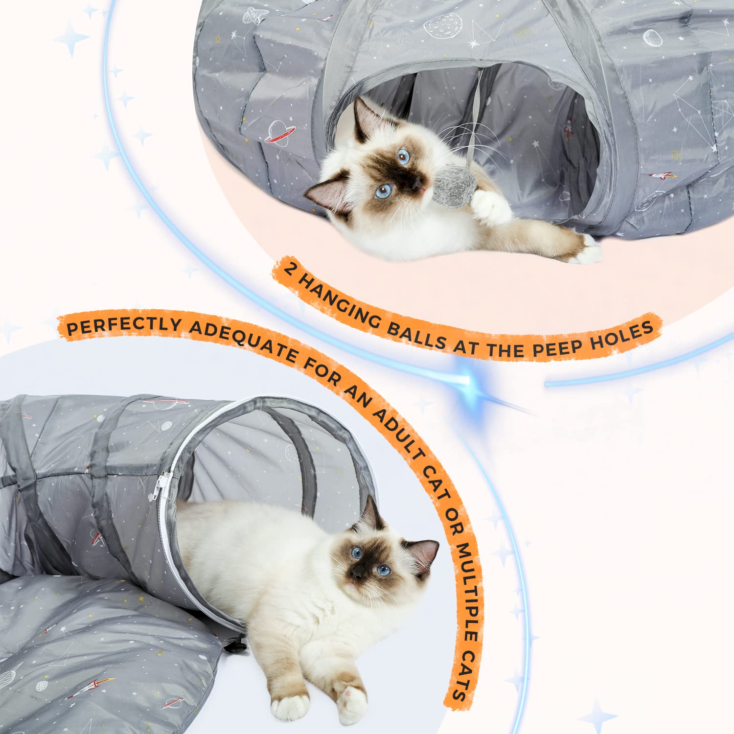 PAWZ Road Cat Tunnel, letto a tunnel per gatti con tappetino centrale morbido e giocattoli a sfera di peluche, tubo a tunnel pieghevole con simpatiche stampe a razzo per gattini, conigli da interno
