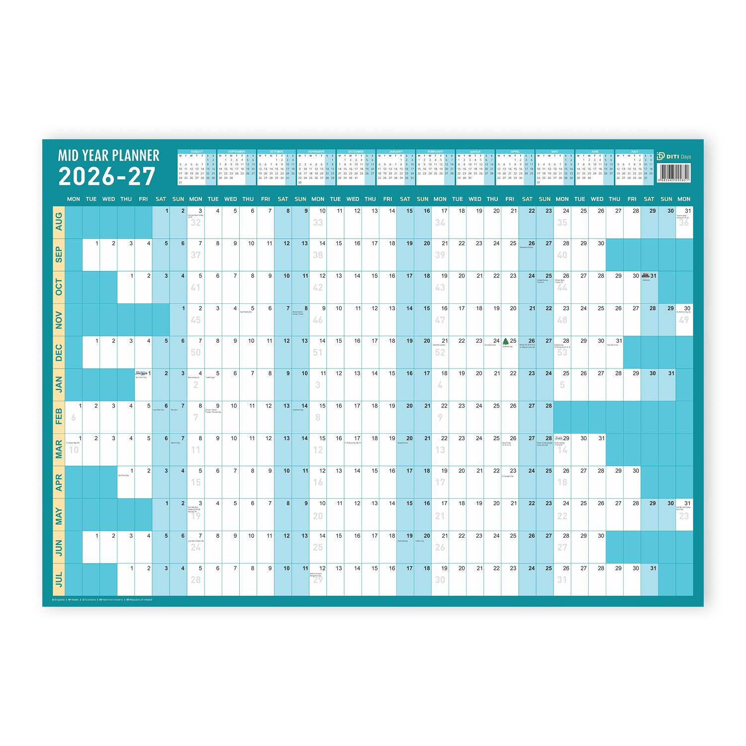 DITI Days Mid-Year Wall Planner 2026-27 Horizontal Academic Planner | Aug 2026–Jul 2027 | Easy to Erase | A2 (59x42 cm) | UK & Ireland Bank Holidays | Premium Paper | Home Office School