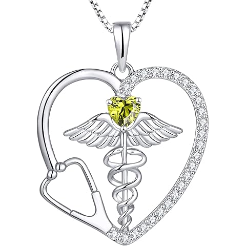 YL Caduceus Heart Necklace for Women Sterling Silver Doctor Nurse Themed Stethoscope Pendant Birthstone Angel Wings Snake Jewelry