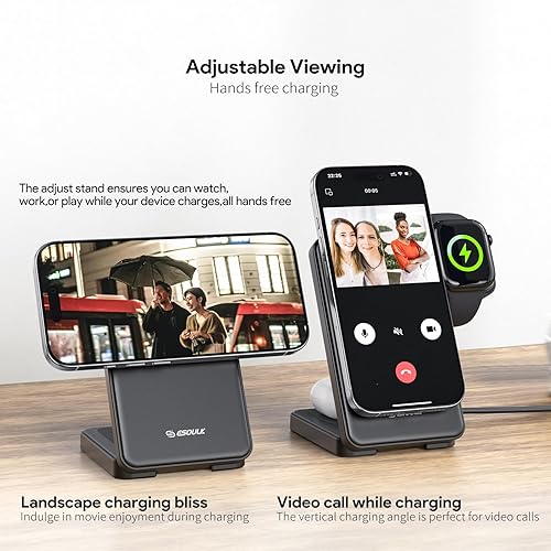 Miniatura 5 de Esoulk Estación de carga inalámbrica magnética de viaje plegable 3 en 1 - Cargador rápido portátil para iPhone, AirPods y Apple Watch, base