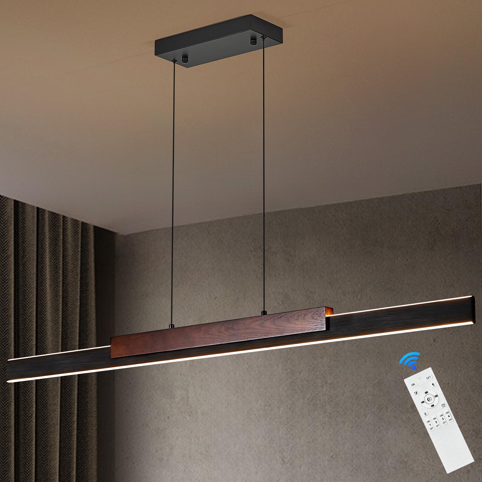 Photo 1 of CaraLuxe Modern LED Linear Pendant Lights 52 inch LED Chandelier Lighting for Home Office Black and Wood Dining Room Hanging Light Fixture Modern Dimmable Kitchen Island Lighting