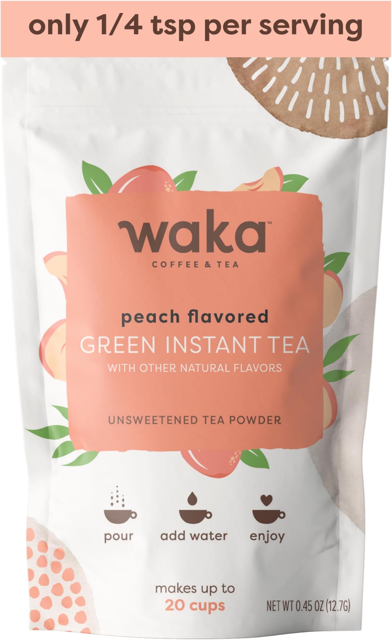 Waka Instant Green Tea Mix, Peach Flavored - 100% Tea Leaves, No Additives, Unsweetened Sample/Travel Size Tea Powder - Easy Quick Hot and Iced Teas, Up to 20 Cups or 5 Quarts (.45oz)