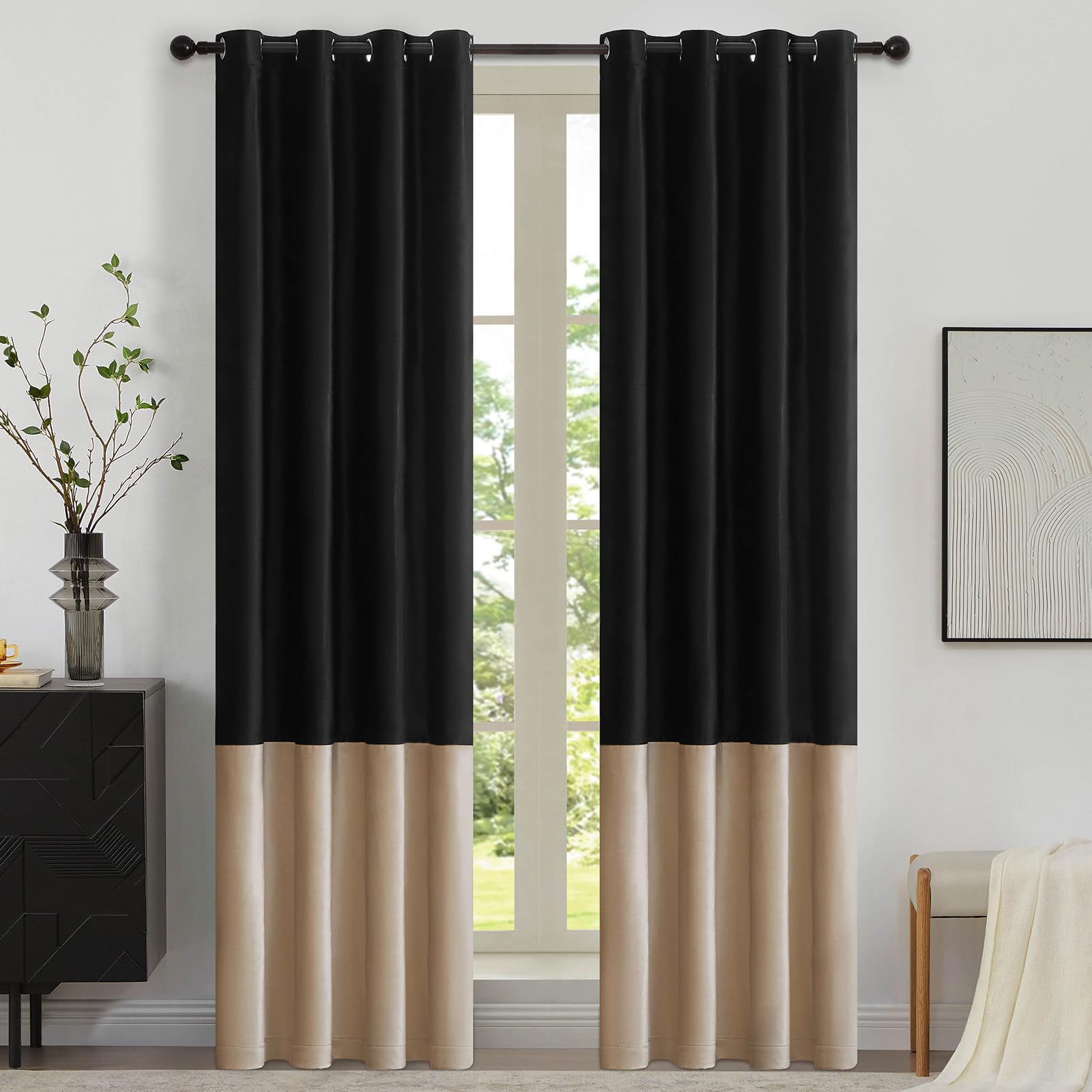 Black Champagne Velvet Curtains 90 inch Color Block Luxury Elegant Modern Living Room Curtain Light Blocking Thermal Insulated Soundproof Room Darkening Energy Efficient Drapes for Bedroom Set of 2 — image 1