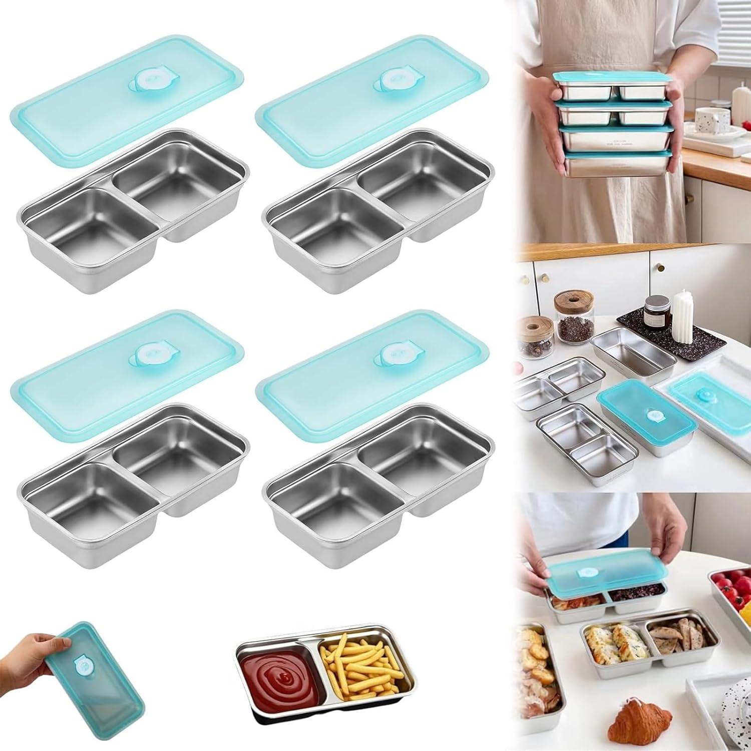 Reusable Stainless Steel Snack Containers – Double Compartment Grab-and-Go Containers with Lids for Snacks & Dips – Dishwasher Safe, Perfect for Travel, Outdoor Camping & Takeout (Set of 4) Reusable Stainless Steel Snack Containers – Double Compartment Grab-and-Go Containers with Lids for Snacks & Dips – Dishwasher Safe, Perfect for Travel, Outdoor Camping & Takeout (Set of 4)