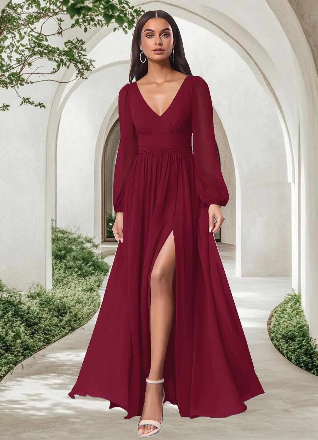 firfig Women Mesh Deep V Neck Open Back Sheer Long Sleeve Slit Leg Bridesmaid Maxi Dress Cocktail Party Wedding Guest Dresses - Image 3