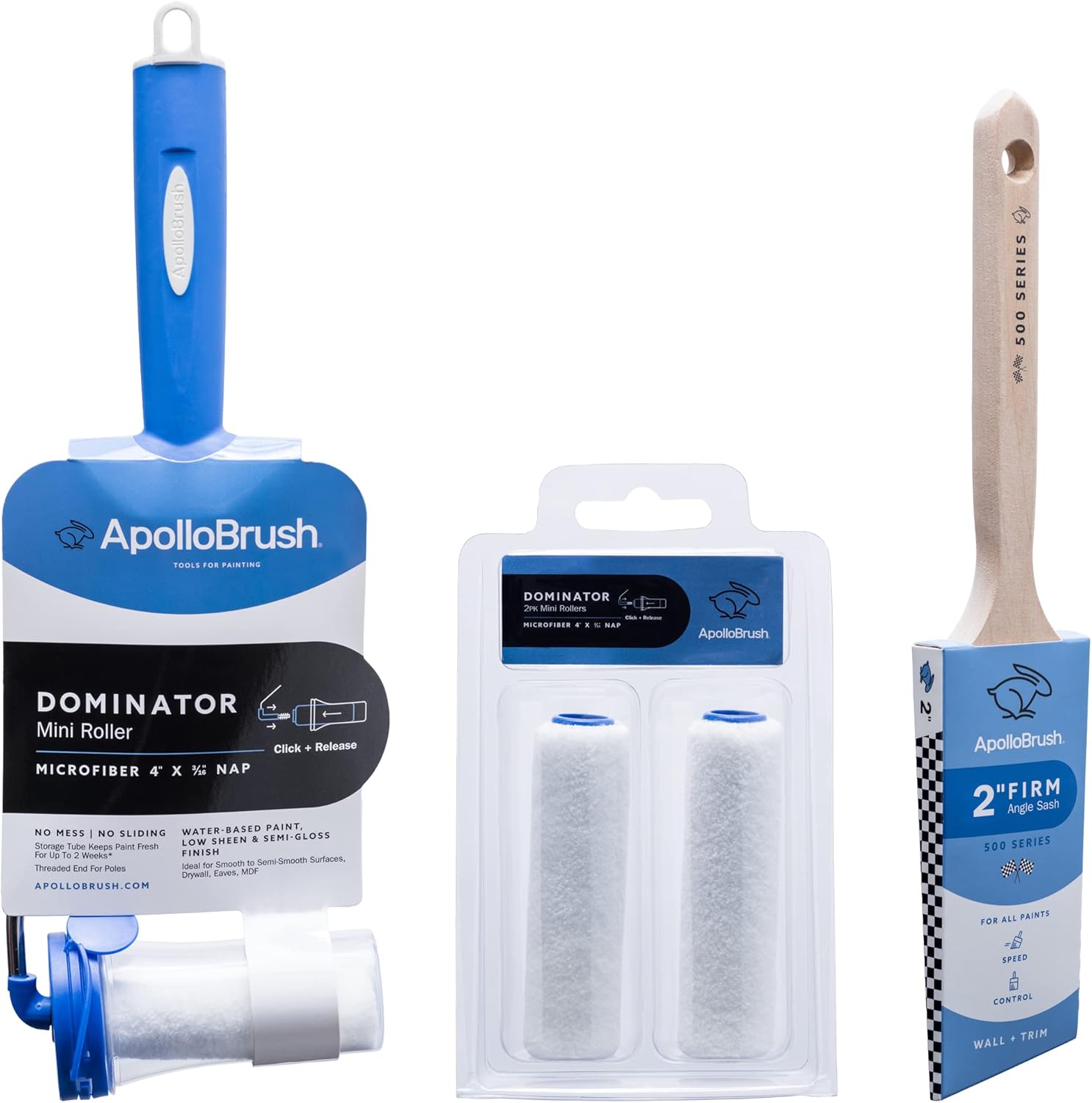Apollo Brush Dominator Series Microfiber 3/16 Inch Nap Mini Roller with Frame and Storage Tube + 2 Pack Refill + 500 Series 2 Inch Angle Sash Paint Brush