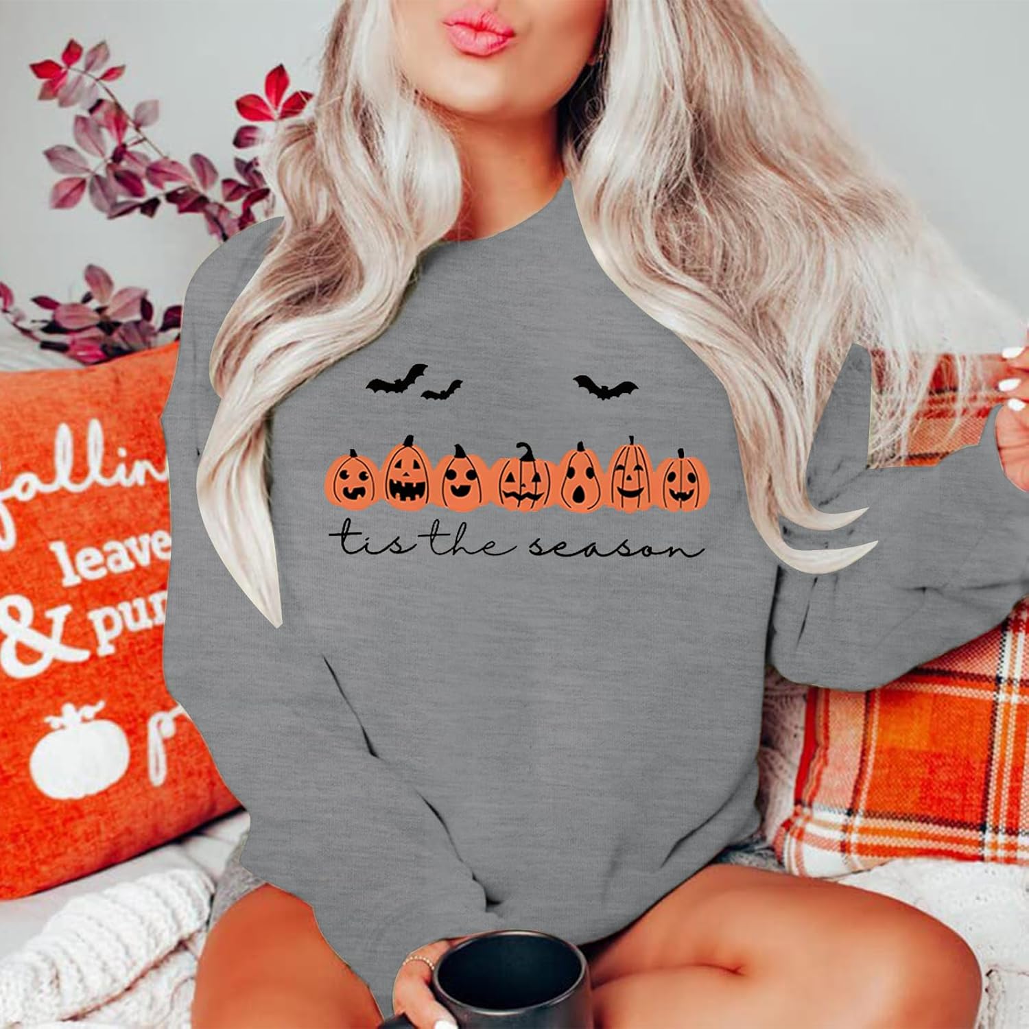 Tis The Season Pumpkin Sweatshirt Halloween Sweatshirts for Women Fall Pumpkin Smiley Lightweight Pullover Tops - Image 4