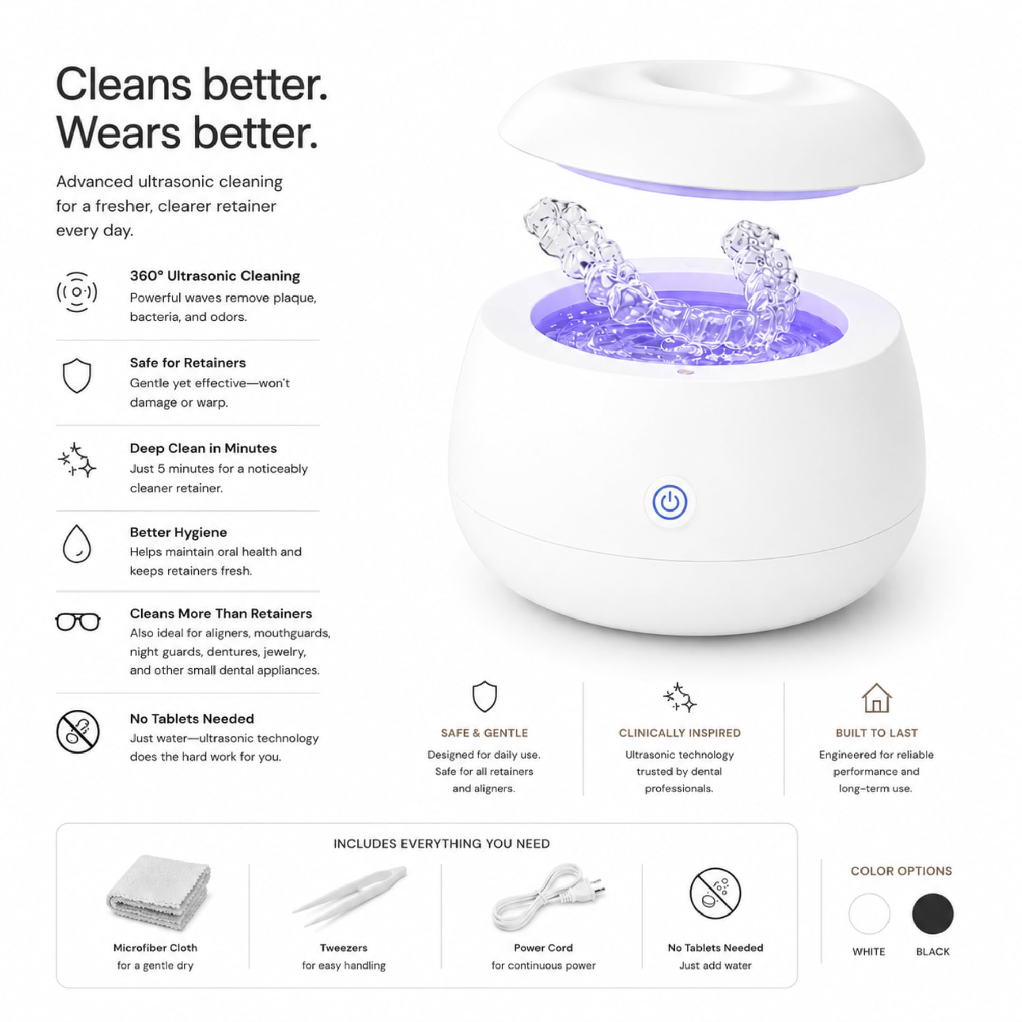 FIONA JAMES Máquina limpiadora ultrasónica de retenedores | Cápsula de limpieza dental de 48 kHz | Alineador, protector nocturno, protector bucal, dentadura postiza | Cuidado dental bucal | Limpiador