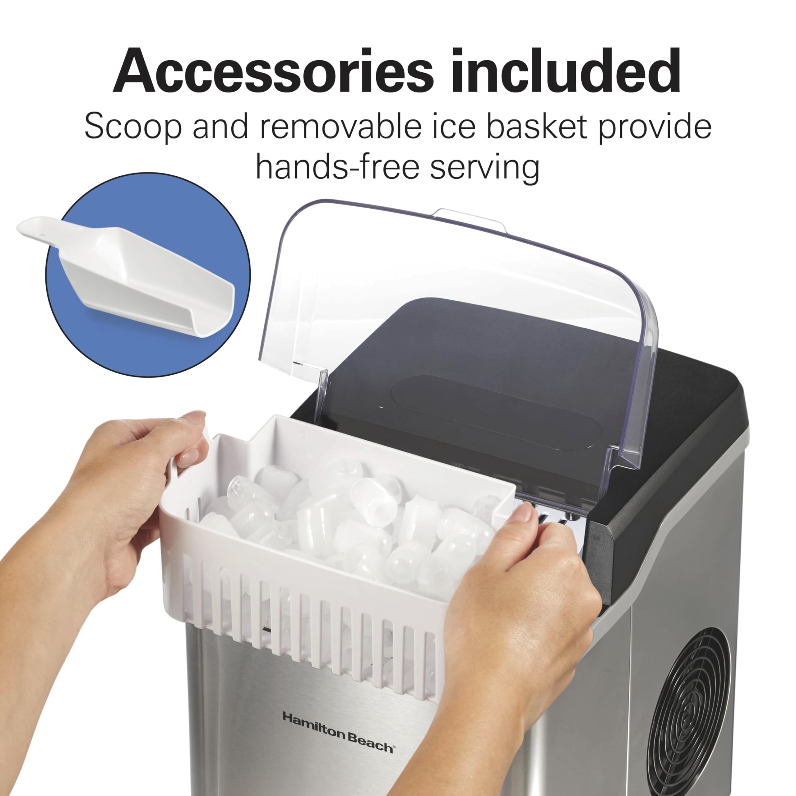 Hamilton Beach Bullet Countertop Ice Maker Machine, Makes 26 Lbs/Day, 9 Cubes Every 6 Minutes, Self-Clean Function, For RV, Office, Kitchen, Dorm, Makes 2 Sizes, Brushed Stainless Steel (86152) on Fridge.com - View 6