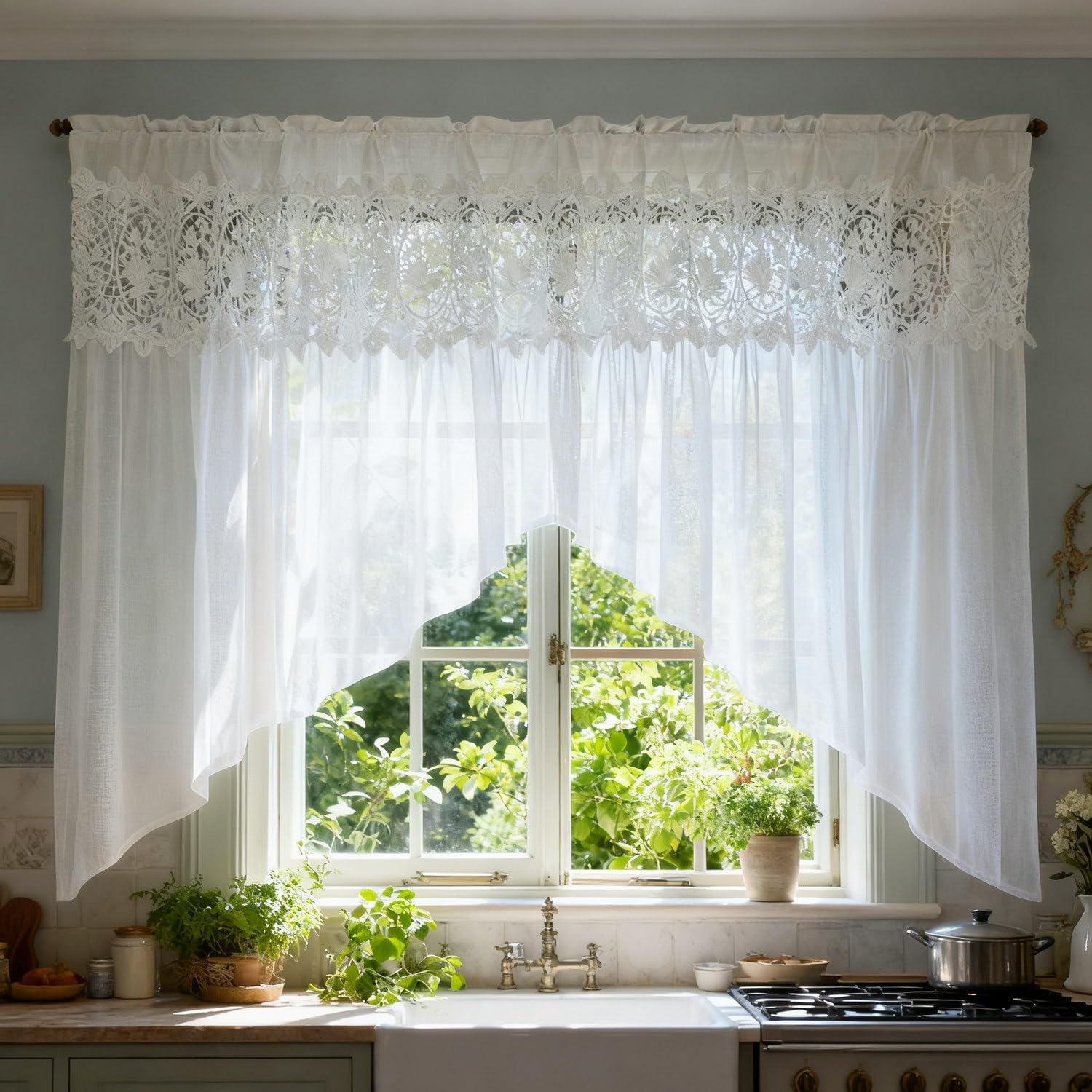 Gxi White Sheer Kitchen Curtain Swag Beaded Hollowed-Out Lace Floral Valance 47 inches Length Door Panel Rod Pocket Voile Window Treatment Swag for Bathroom Dining Room 1 Panel, W79 x L47 inch