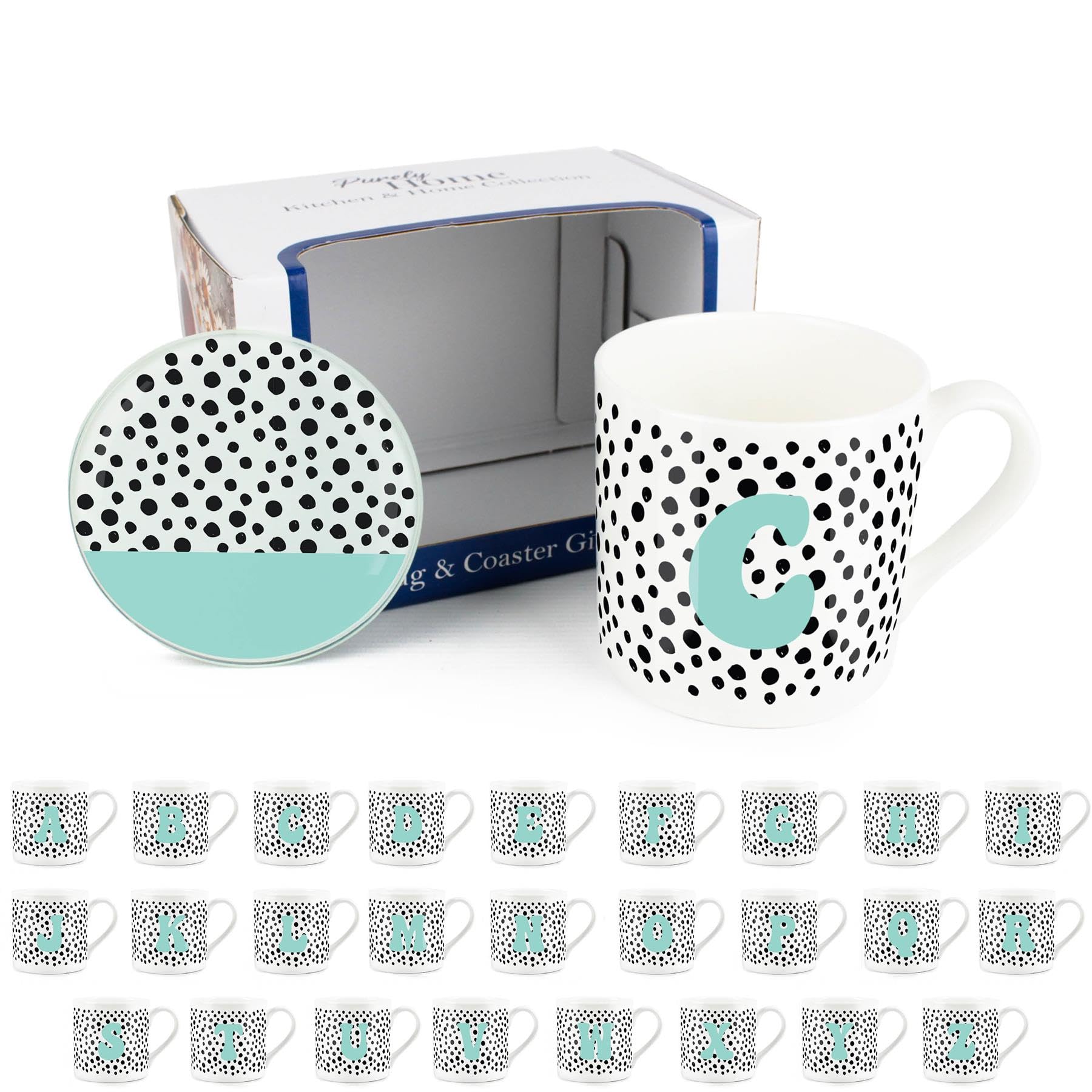 Purely Home Spotty Letter C Mug & Coaster Gift Set - Polka Dots Alphabet Initials Bone China Mug and Glass Coaster Set - Tea/Coffee Present