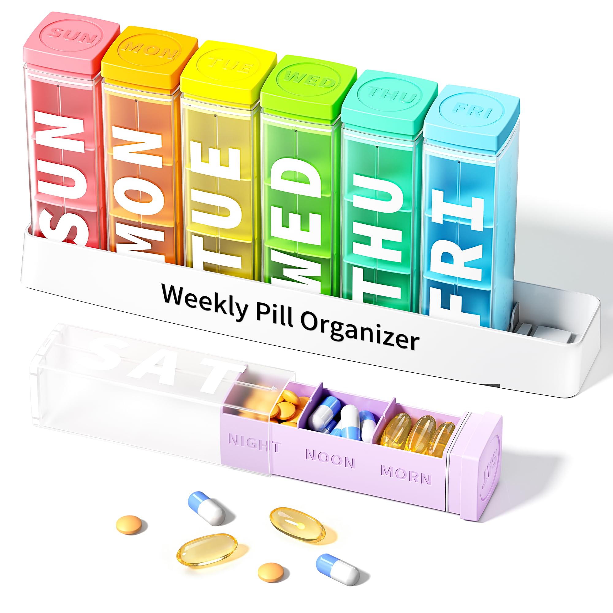 Betife Grand pilulier hebdomadaire 3 fois par jour, amovible, 7 jours, pilulier quotidien 3 fois, pilulier de voyage, distributeur de médicaments hebdomadaires pour supplément de vitamines (blanc)