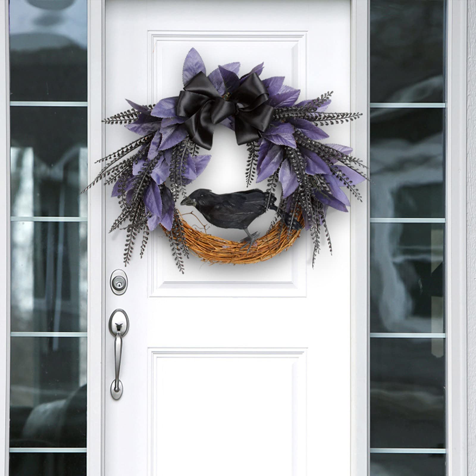 Couronne D'Halloween Pour Porte D'entrée, Couronne De Corbeau D'Halloween De 17,7 Pouces, Couronnes De Porte D'Halloween Noires Avec Corbeau De Roses, Couronne Artificielle Pour Décorations De Fête De
