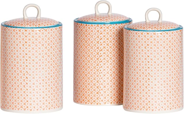 Nicola Spring Patterned Porcelain Tea/Coffee/Sugar Canisters - Orange Print Design - Pack Of 3
