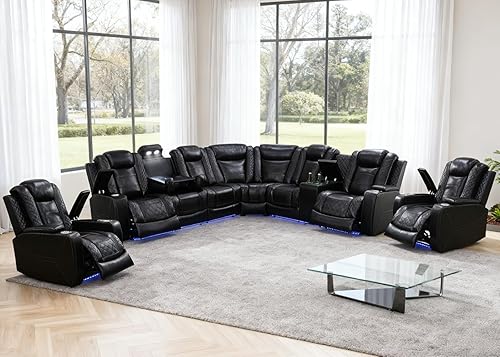 Miniatura 29 de Juego de sofá seccional reclinable eléctrico con luz LED, sofá esquinero reclinable de cuero y silla, muebles reclinables de teatro con Crema