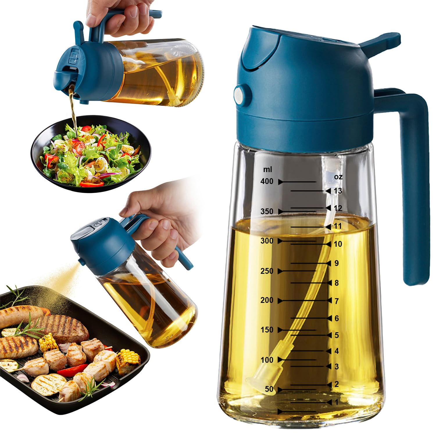 TrendPlain Spruzzino Olio per Friggitrice Aria 470ml, Dosatore Olio 2 in 1, Oliera Spray per Cucina, Insalata e Aceto, Accessori Cucina senza BPA - Blu Navy