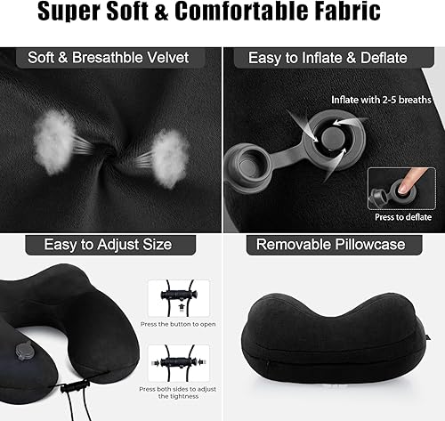 Miniatura 4 de urophylla Almohadas inflables de viaje para aviones 100 terciopelo suave inflables para viajes mascarillas de ojos contorneadas 3D almohada inflable