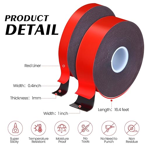 Miniatura 2 de Pushglossy 10 rollos de cinta de doble cara resistente, 0.4 pulgadas 1 pulgada de ancho total 164 pies, cinta de montaje fuerte de doble cara, cinta