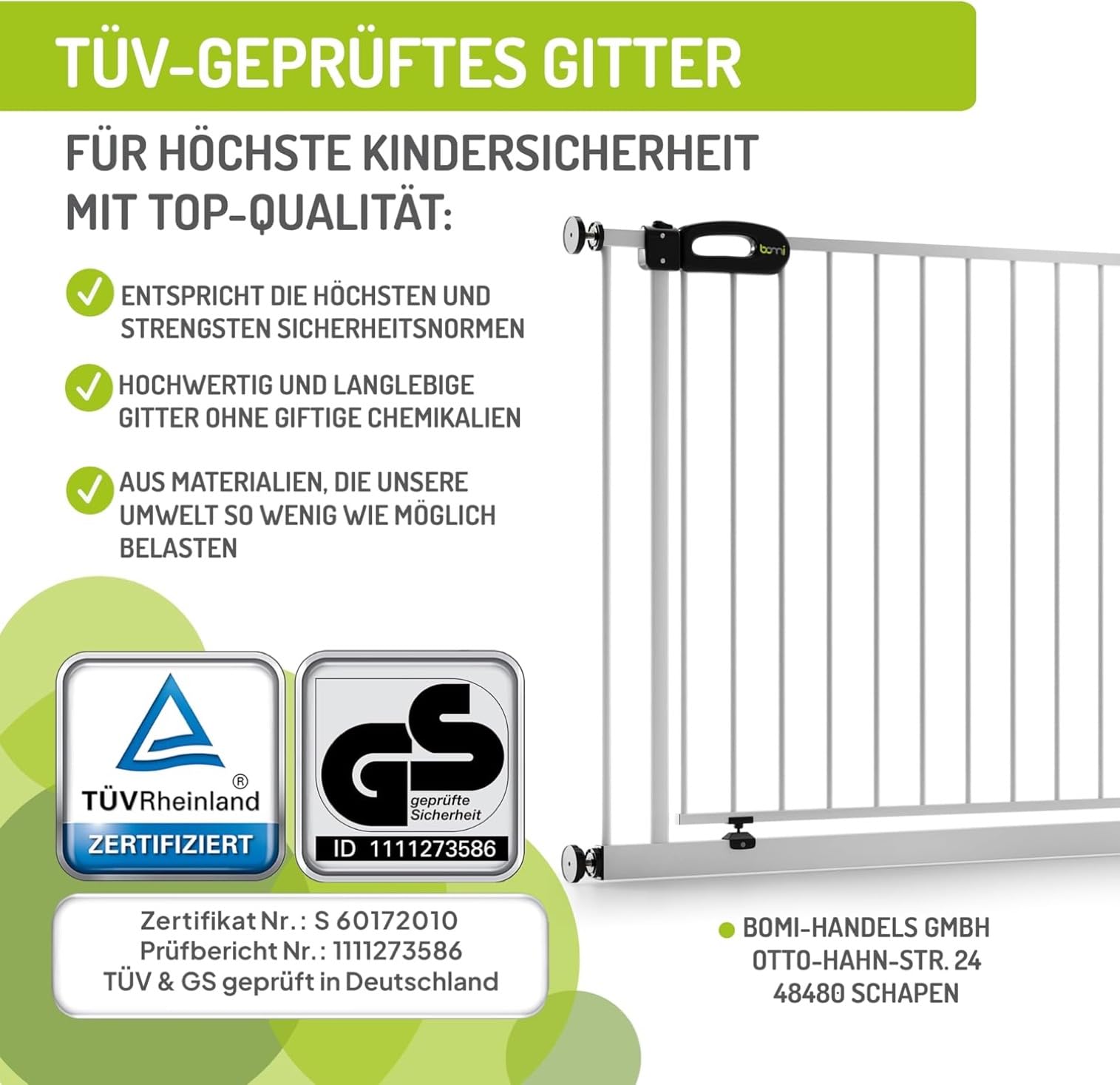 BOMI TÜV GS Siegel Kindertreppen Gitter XXL Merle | Ohne Bohren | 90° Stop | Schließt automatisch | Türschutzgitter weiß Metall | Treppenschutzgitter Türgitter Klemmgitter | Breite: 111-119 cm
