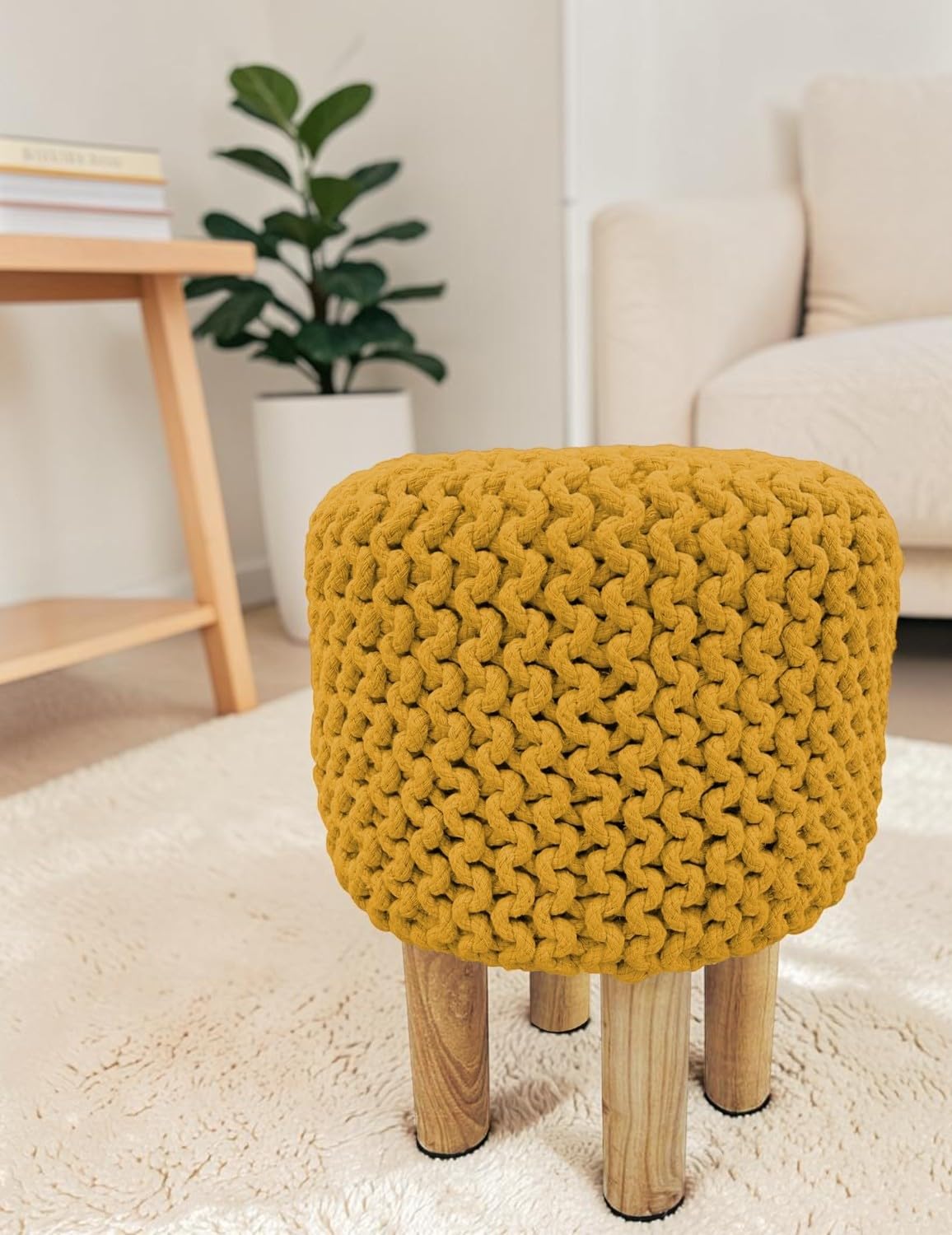 CASVO® Handmade Jute Pouffe Stool with Wooden Base | Cotton Knitted Ottoman Footstool | Round Sitting Pouf for Living Room Library Office & Home Decor 32x32x42 cm (Mustard)