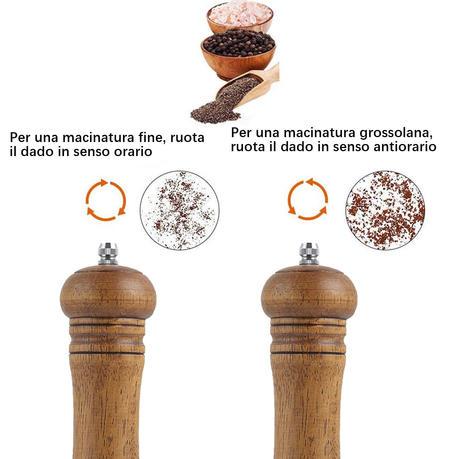 Macina Pepe Set di 2 Pezzi Legno,Macina Sale e Pepe Manuale con Trasparenti Finestra in Acrilico,Saliera e Pepiera con Regolabile Macinino in Ceramica per Sale, Pepe, Spezie,Macinapepe Manuale