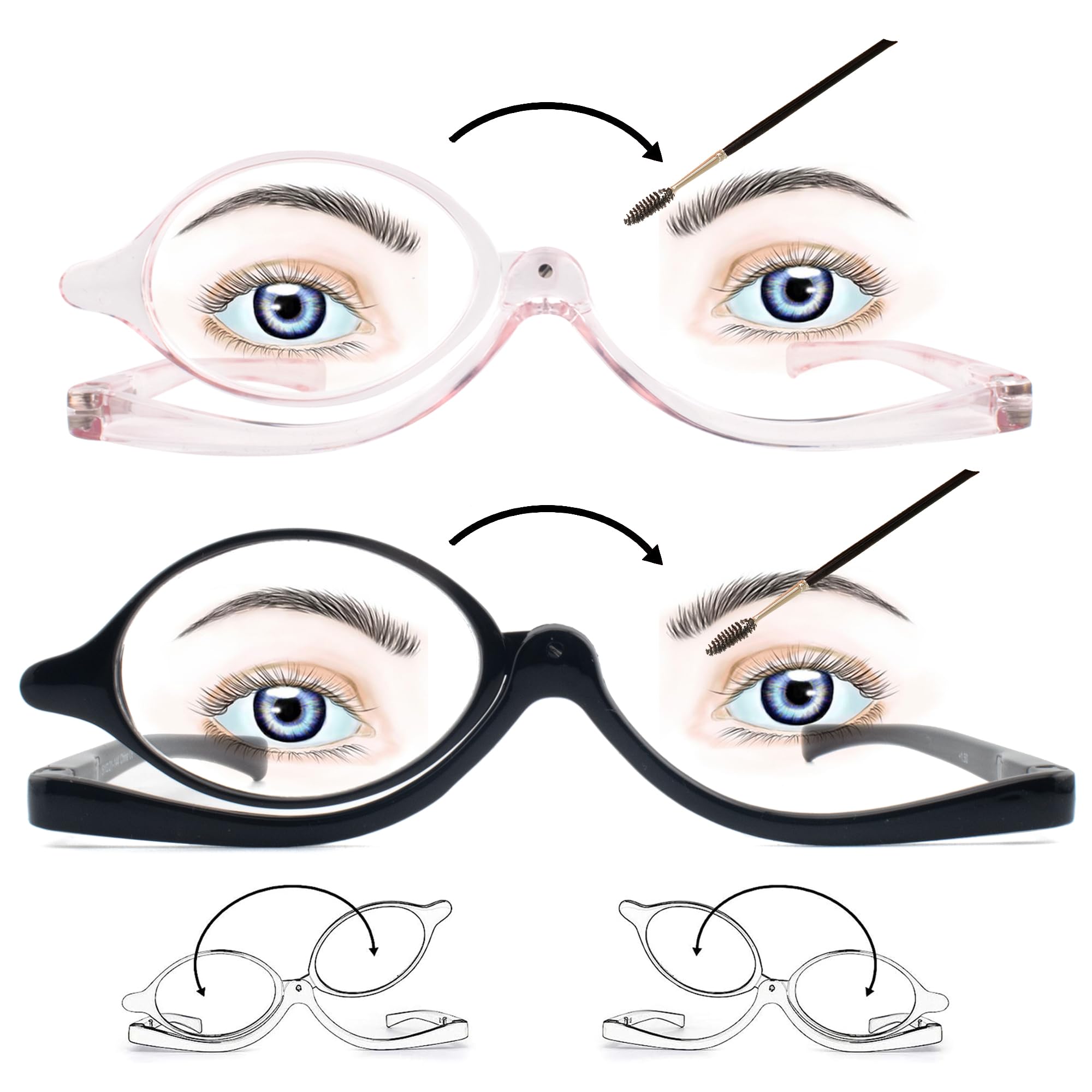 FEIVSN 2 Pack Makeup Reading Glasses for Women Flip Down Cosmetic Magnifying Readers Make Up Eyeglasses Spring Hinge, Black/Pink, +2.50