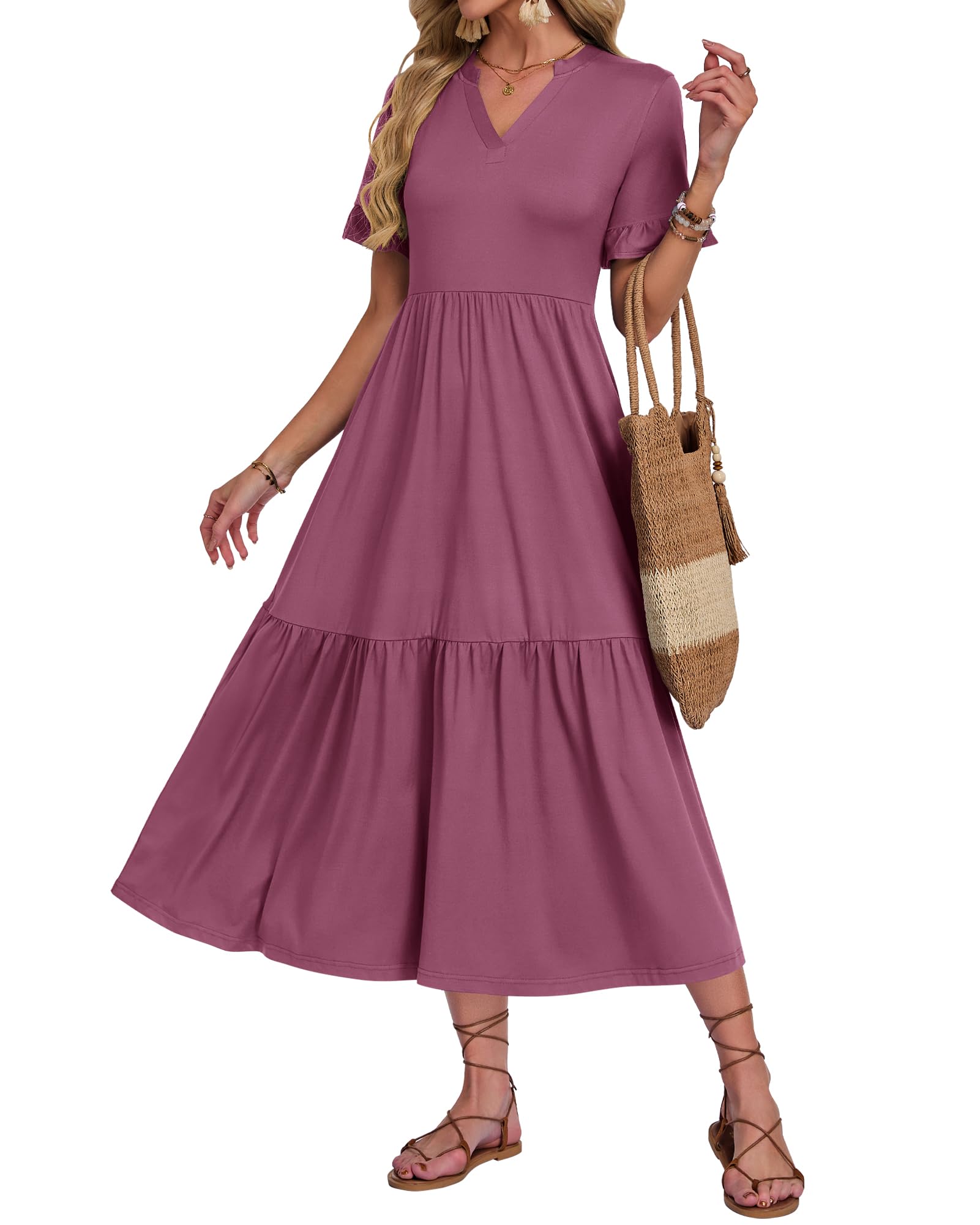 AUSELILY Maxi Dresses for Women UK Casual Loose Summer Long Dress Short Sleeve Swing Beach Dresses with Pockets Mauve XL