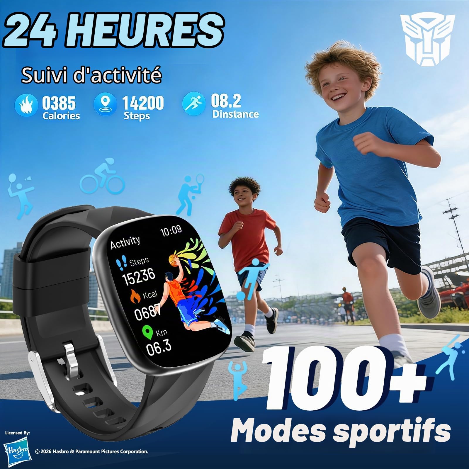 Transformers Montre Intelligente Enfant, Montre Connectée Sport avec Appel Bluetooth, Cardio/Sommeil/Podomètre, 100+ Modes Sportifs IP68 Étanche, Idée Cadeau Anniversaire Garçon Fille 6-12 Ans,Black