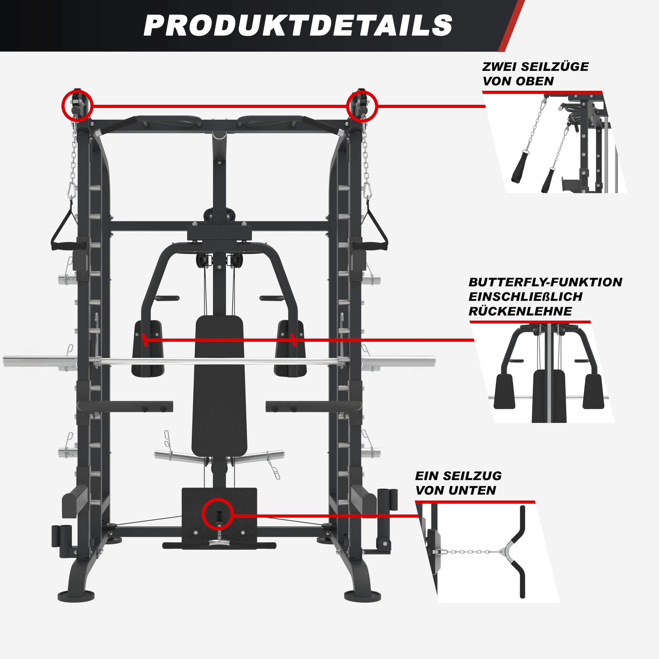 GORILLA SPORTS® Kraftstation - Multifunktionale, Power Rack mit 50mm Stange, Butterfly, Latzug mit Kabelzuggriffen, Klimmzug, Dip Griffe, T-Bar, bis 300 kg - Fitnessstation, Smith Machine, Multi-Gym