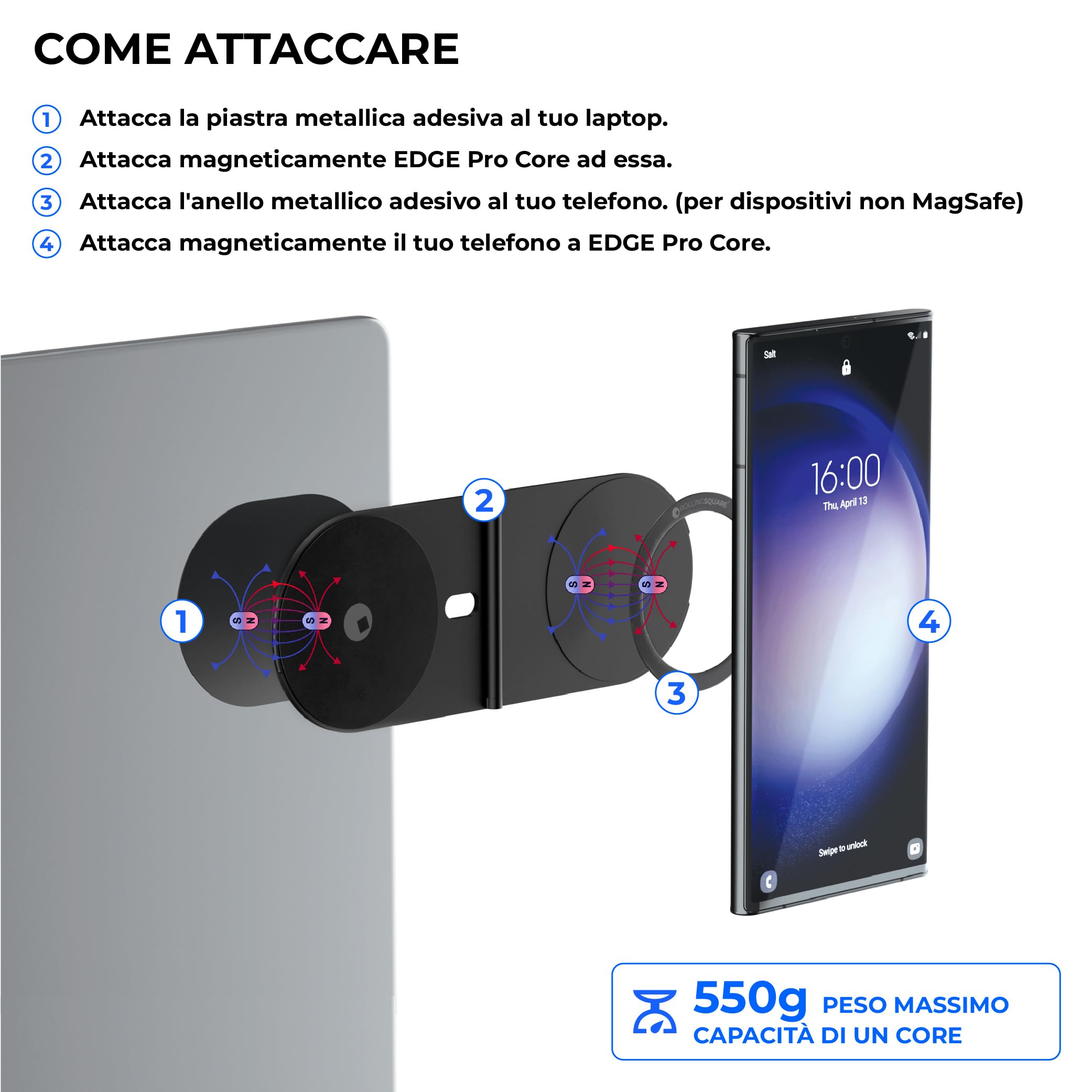 Rolling Square Edge Pro Core - Sostegno Magnetico per Tablet e Cellulare, Accessorio per Smartworking e Produttività, Compatibile con Magsafe, Nero