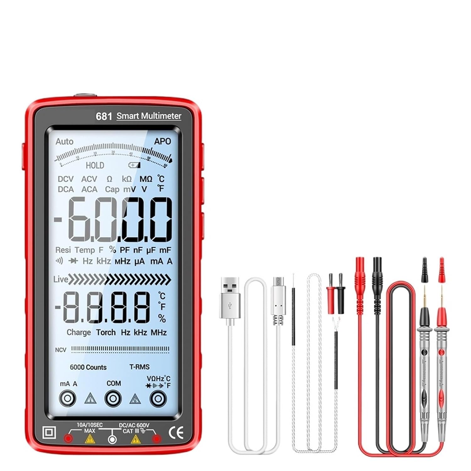 681 Digital Multimeter Professional Rechargable AC/DC Voltage Non-Contact Voltage Tester Meter Screen Current Tester(681 Red)