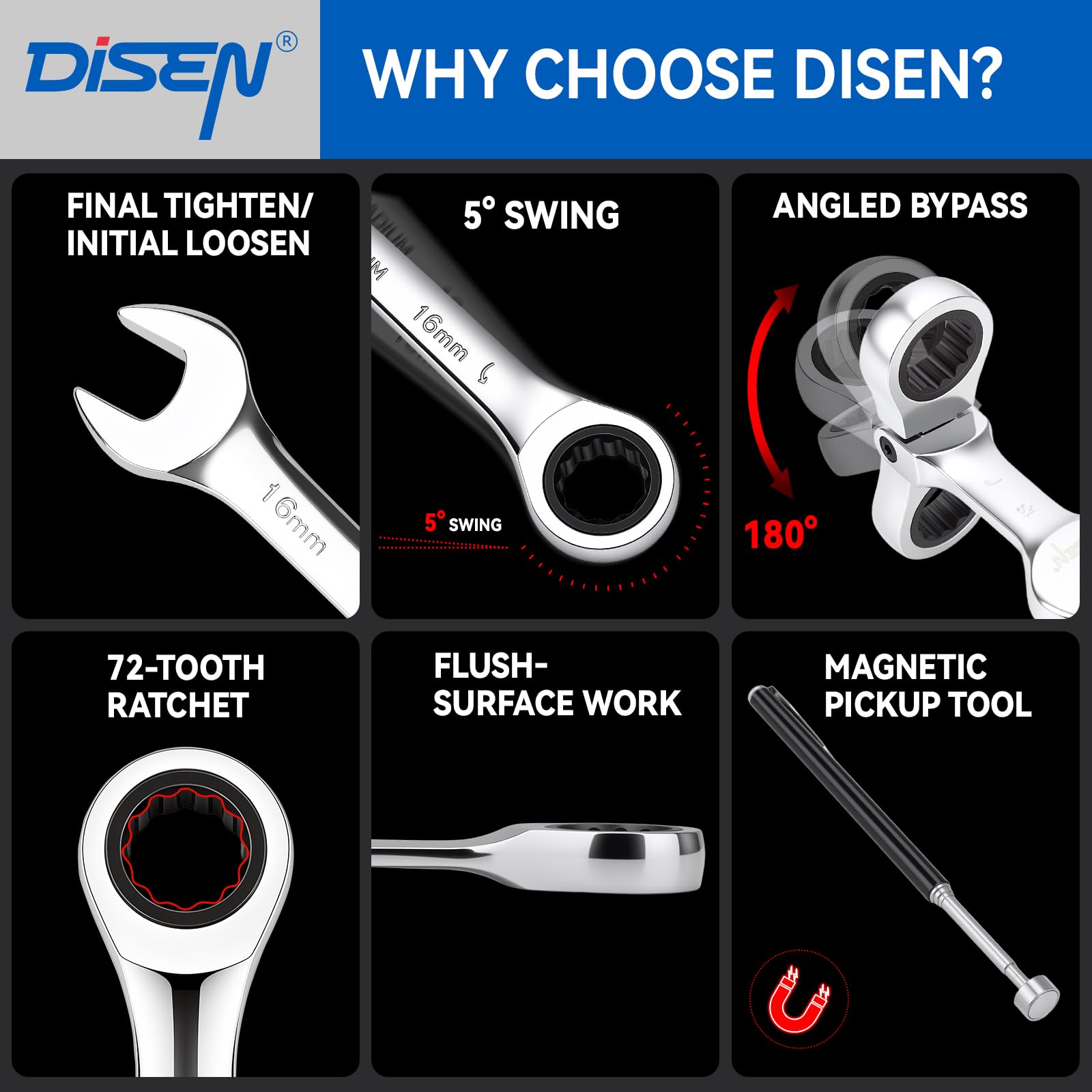DISEN 34 Piece Ratcheting Wrench Set - Magnetic Pickup -4