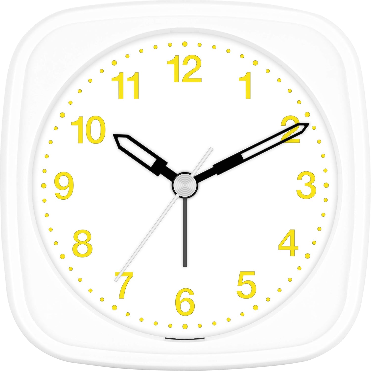 ഫ്രണ്ട് view of the Eurotime Quartz Alarm Clock with yellow numbers on a white face.