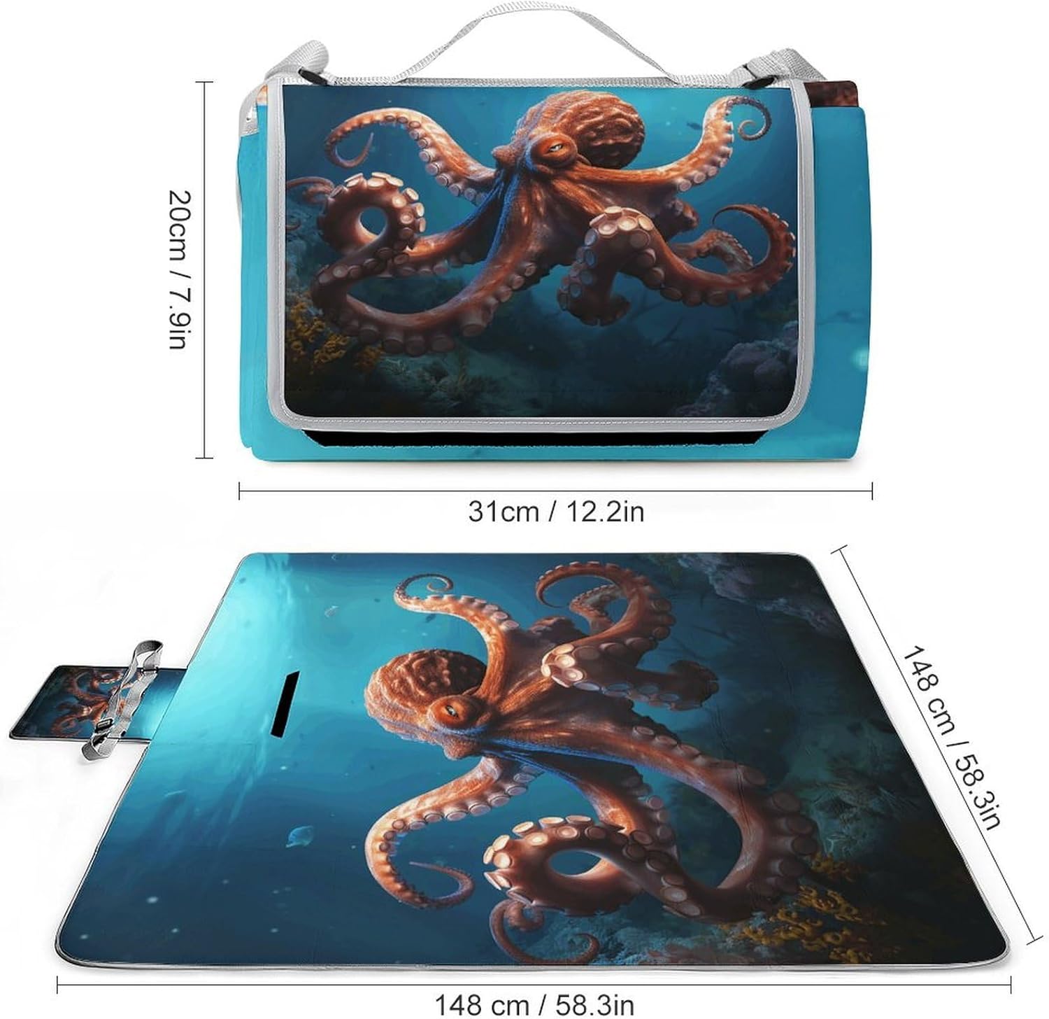 Ocean Animal Octopus Picnic Blanket Indoor and Outdoor Square Blankets Waterproof Design Mat Foldable Beach Mats Portable Park Sand Free Blanket for Camping Beach Park