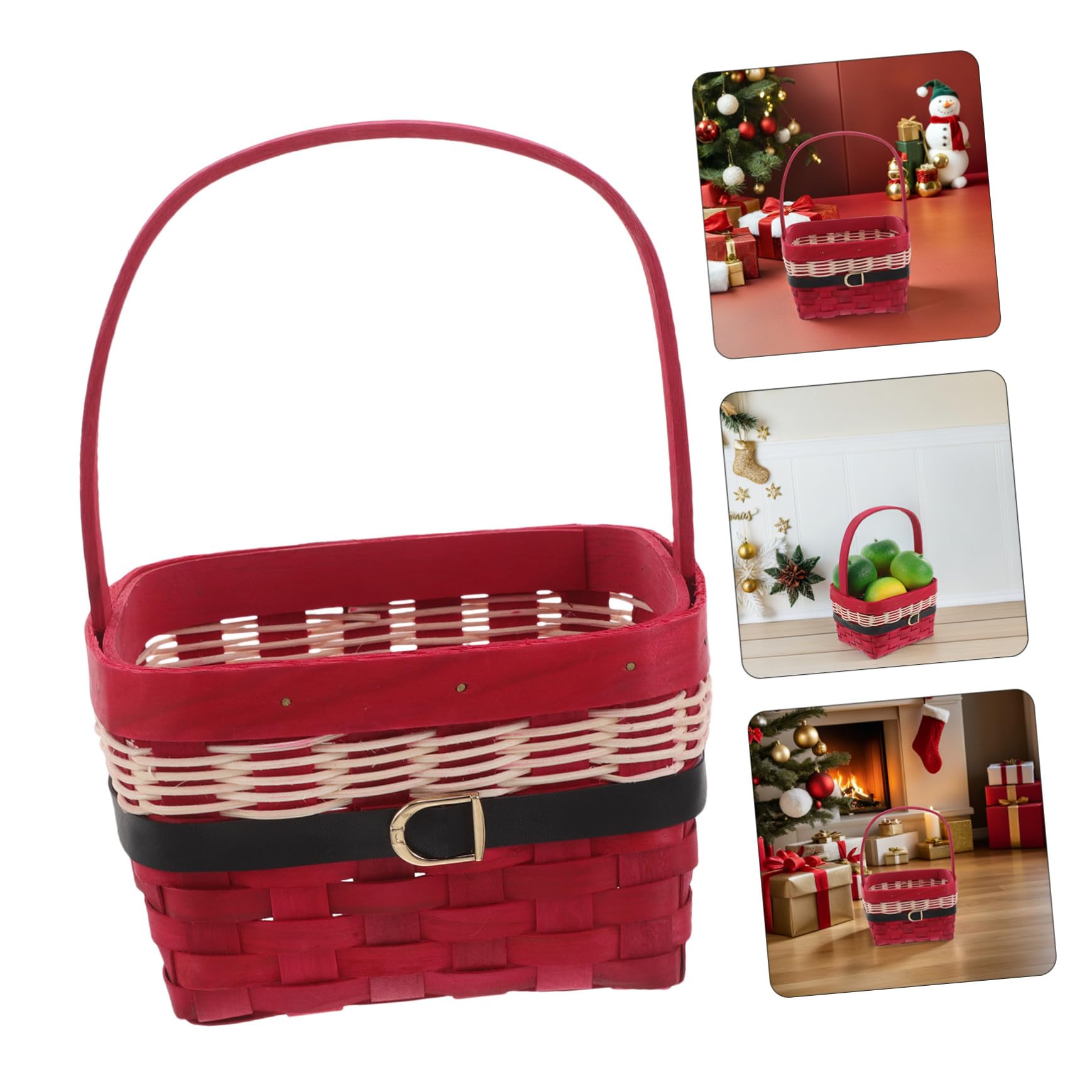 Cesta Navideña Decorativa Cuadrada Tejida Mano con Asa Organizador Portátil para Frutas y Regalos Cesta de Almacenamiento Resistente para Mesa y Despensa