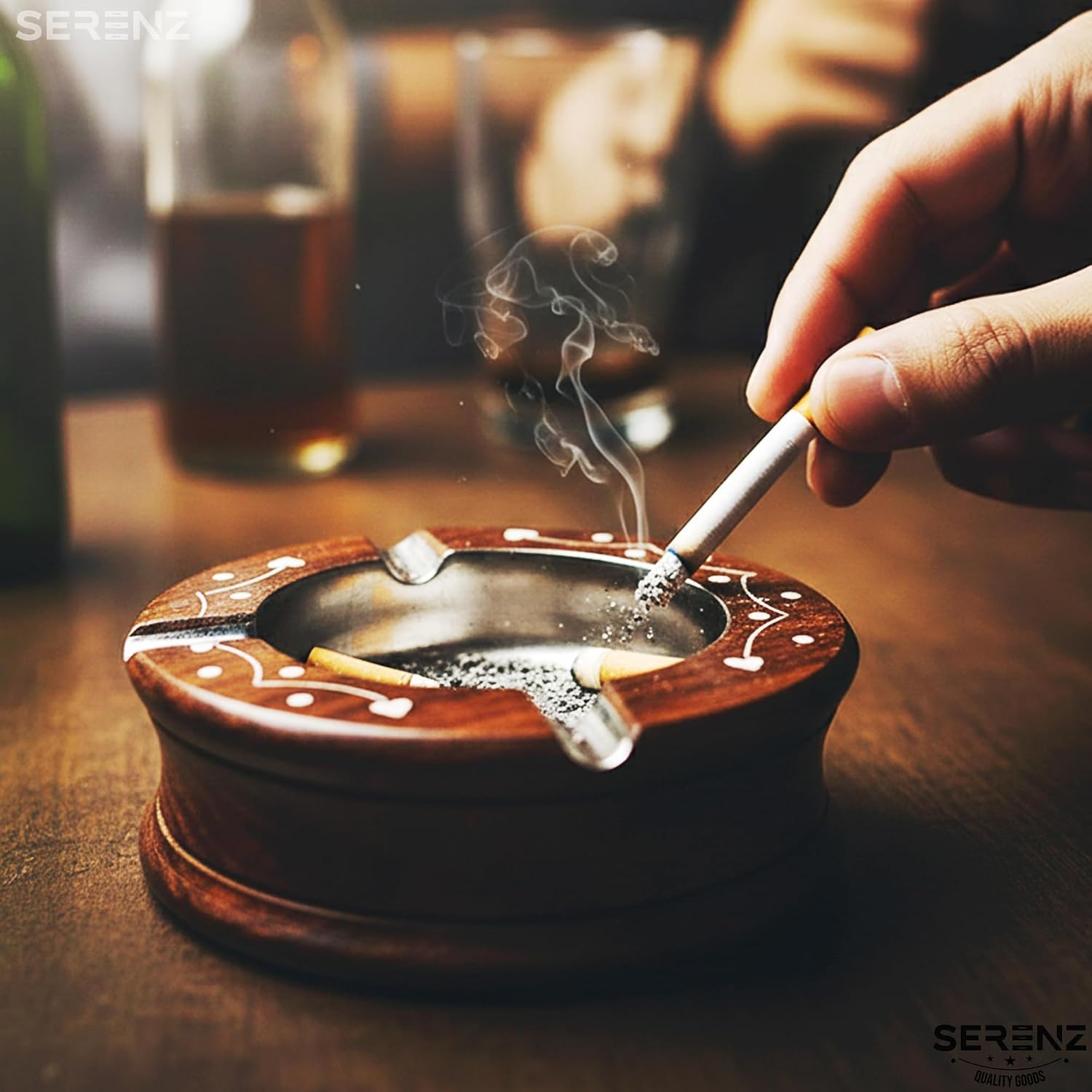 Serenz, Handmade Wooden Cigarette Ashtray - Pack of 1, Brown | Lightweight & Elegant Wood Ashtray with Steel Plate | Decorative Design Cigarette AshHolder - 3.7X3.7X0.9 Inches image 5